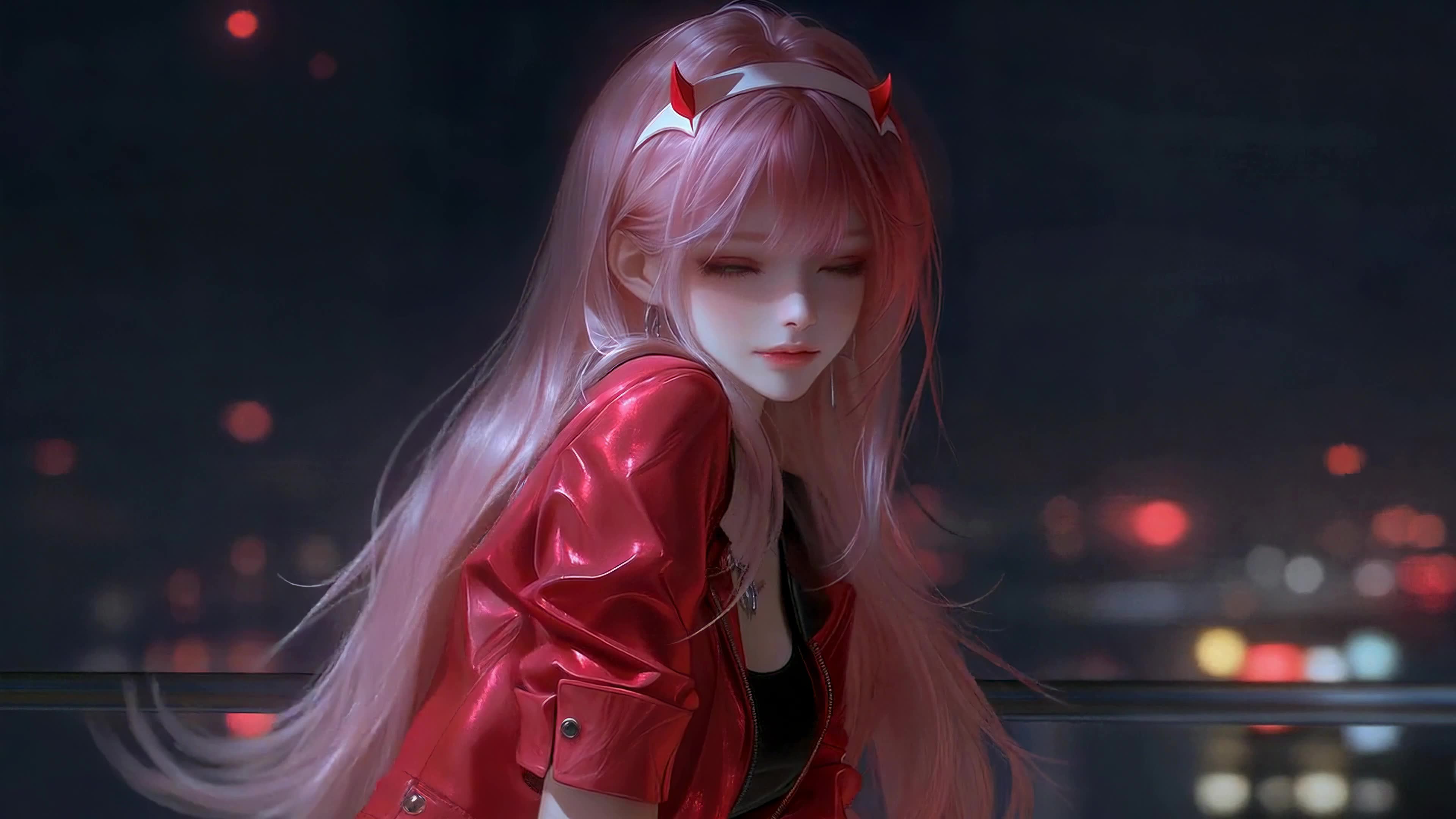 夜窗边粉发红衣少女