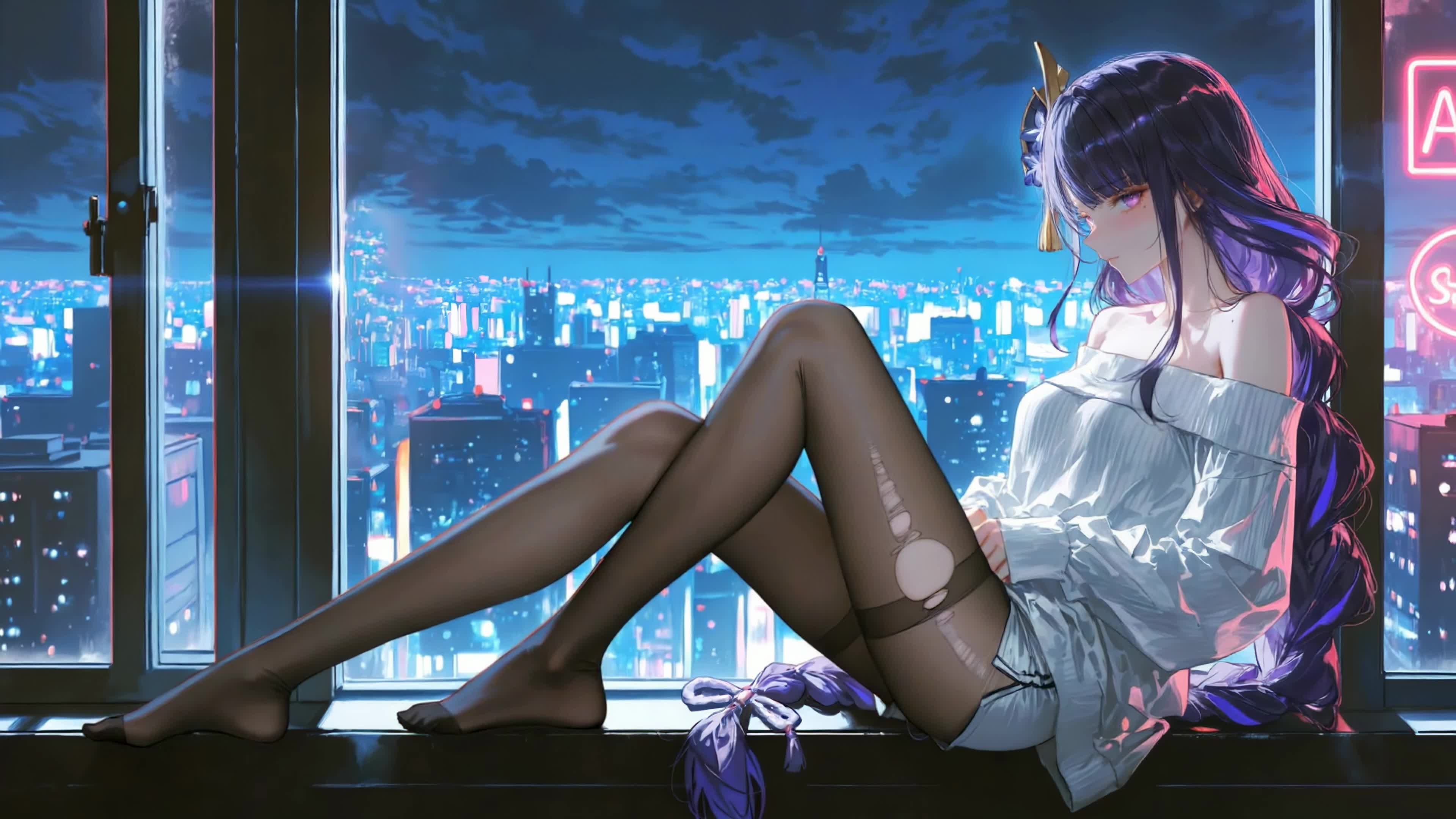 都市窗边紫发少女