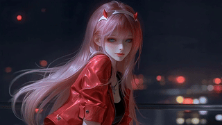夜窗边粉发红衣少女