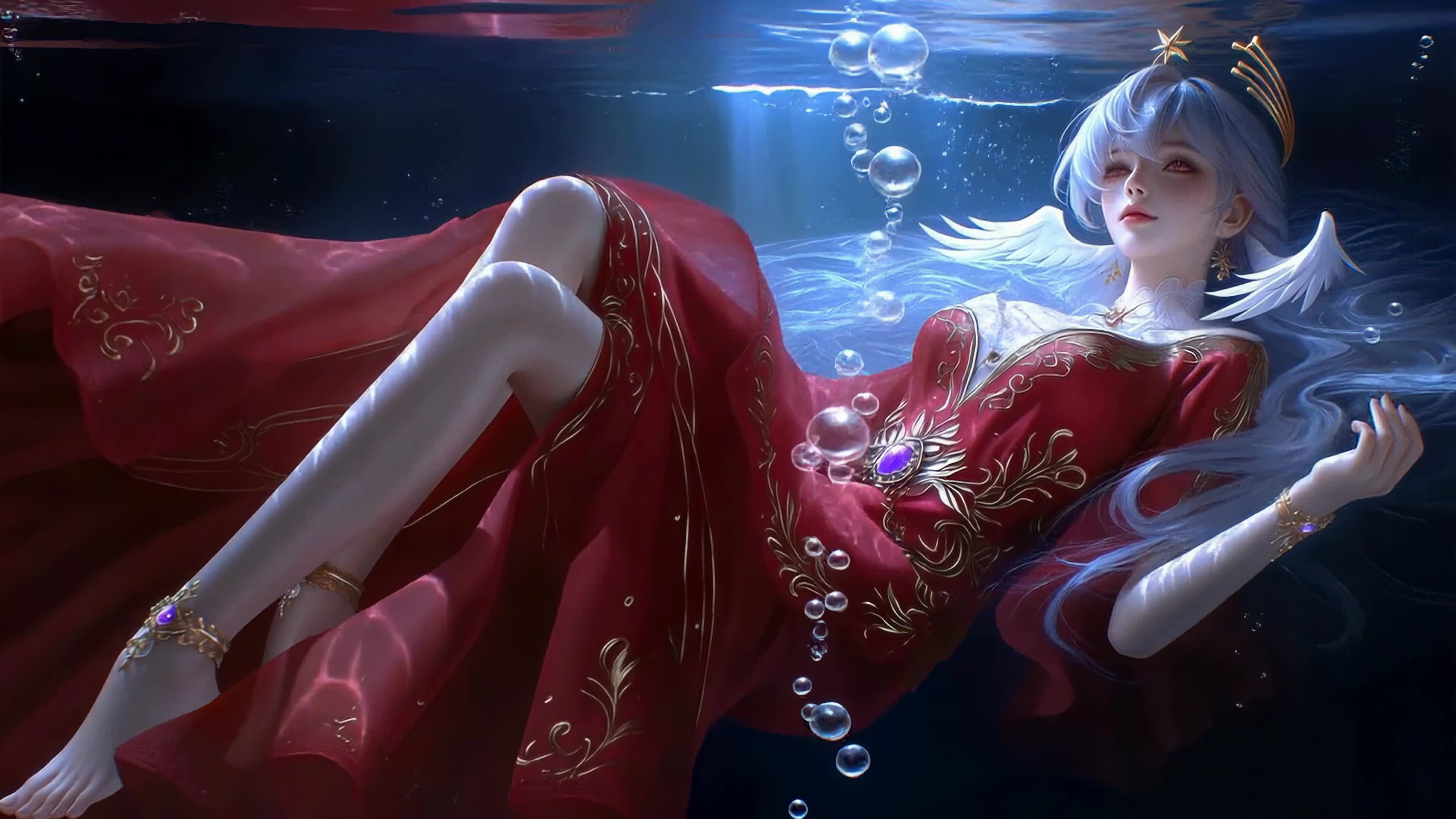 幽蓝水下红衣少女