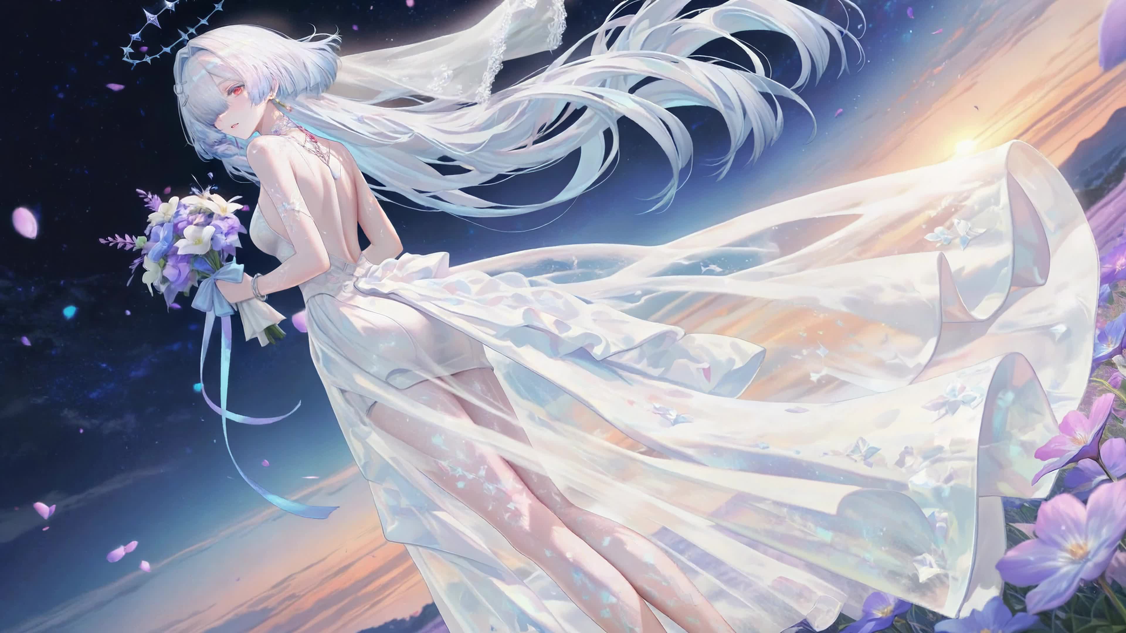 暮光花海银发纱裙少女