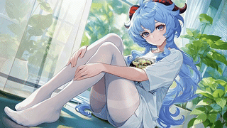 窗边休闲蓝发少女