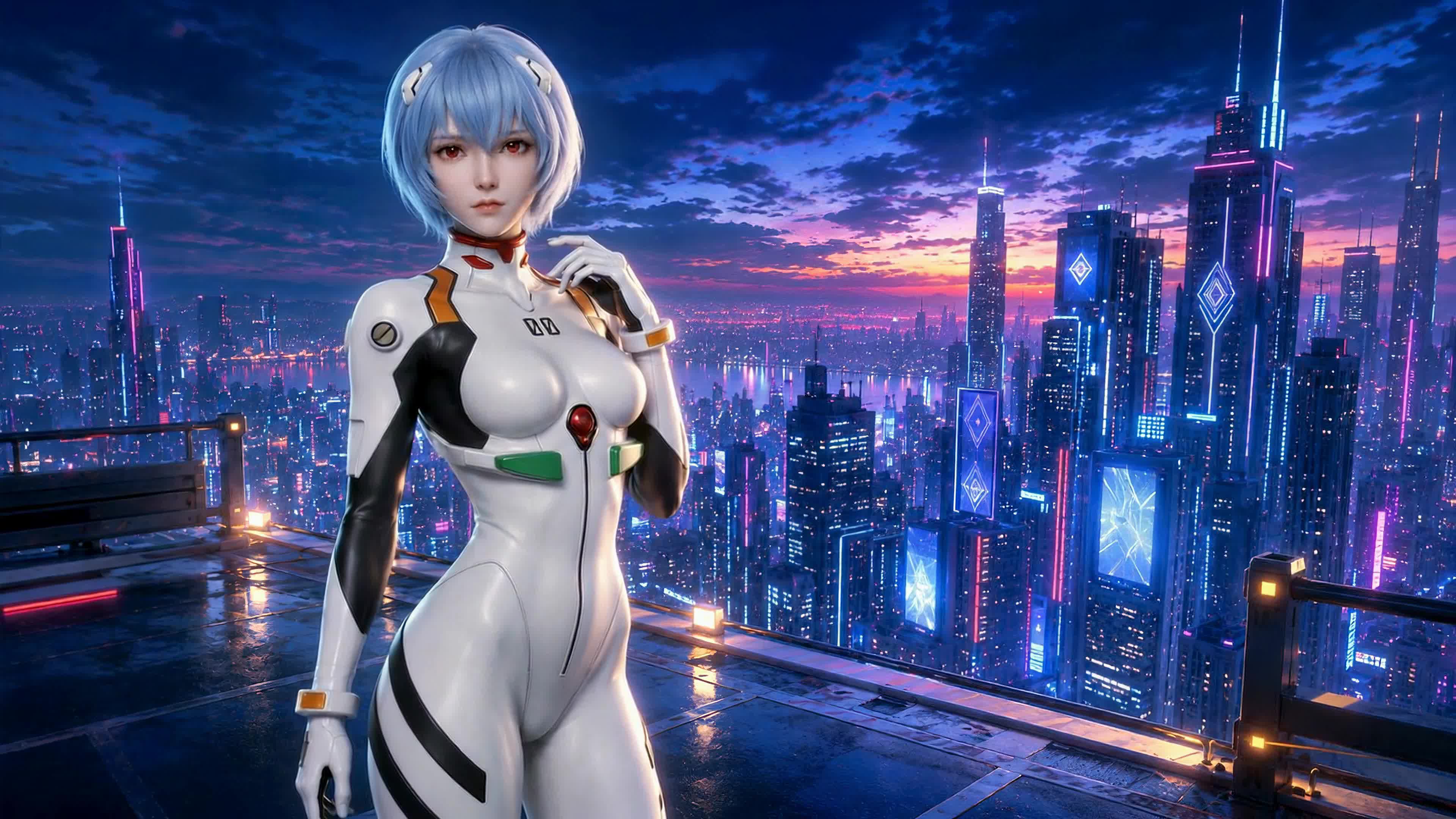 蓝发战衣少女 赛博都市夜景
