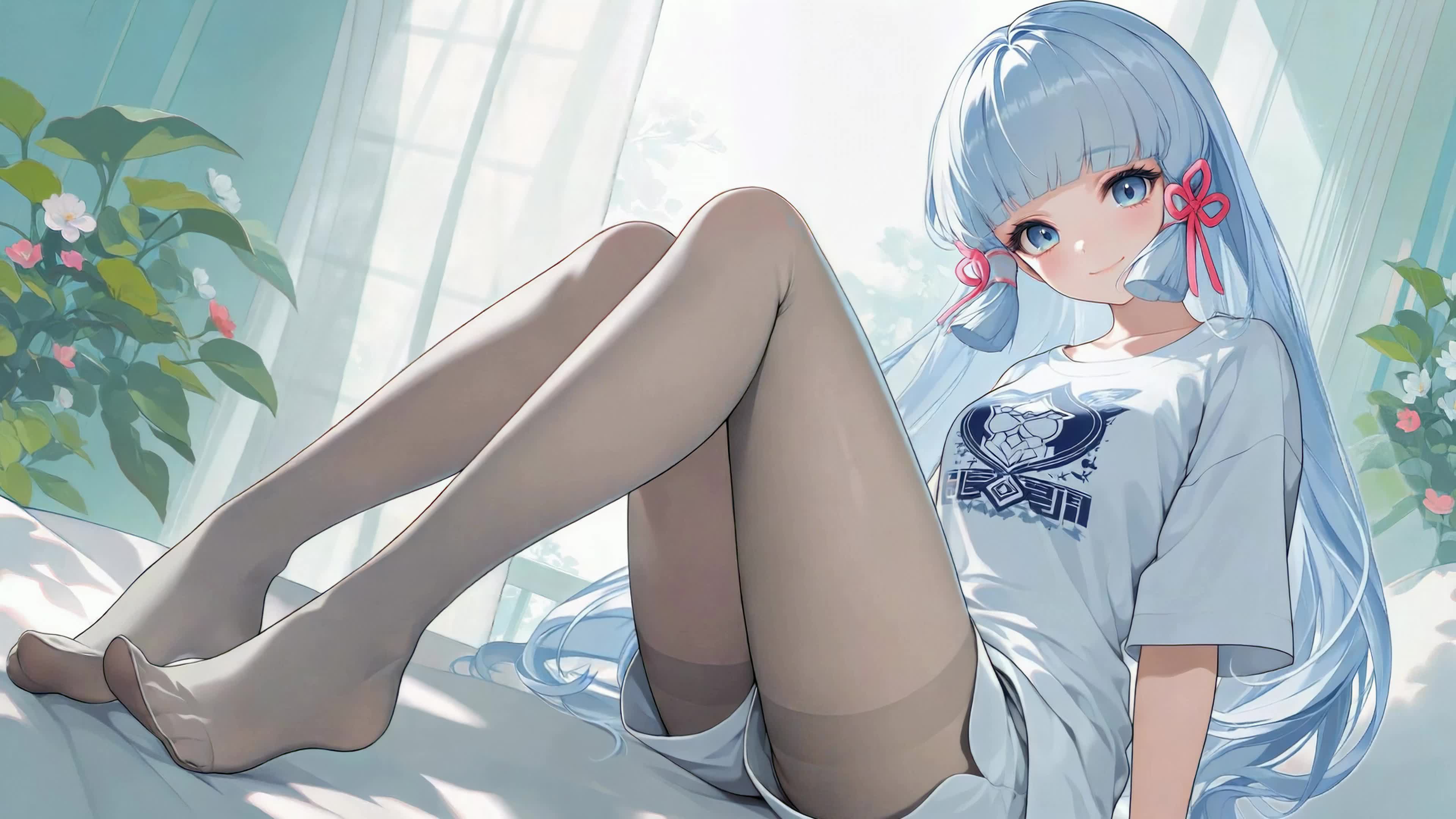 窗边慵懒蓝发少女