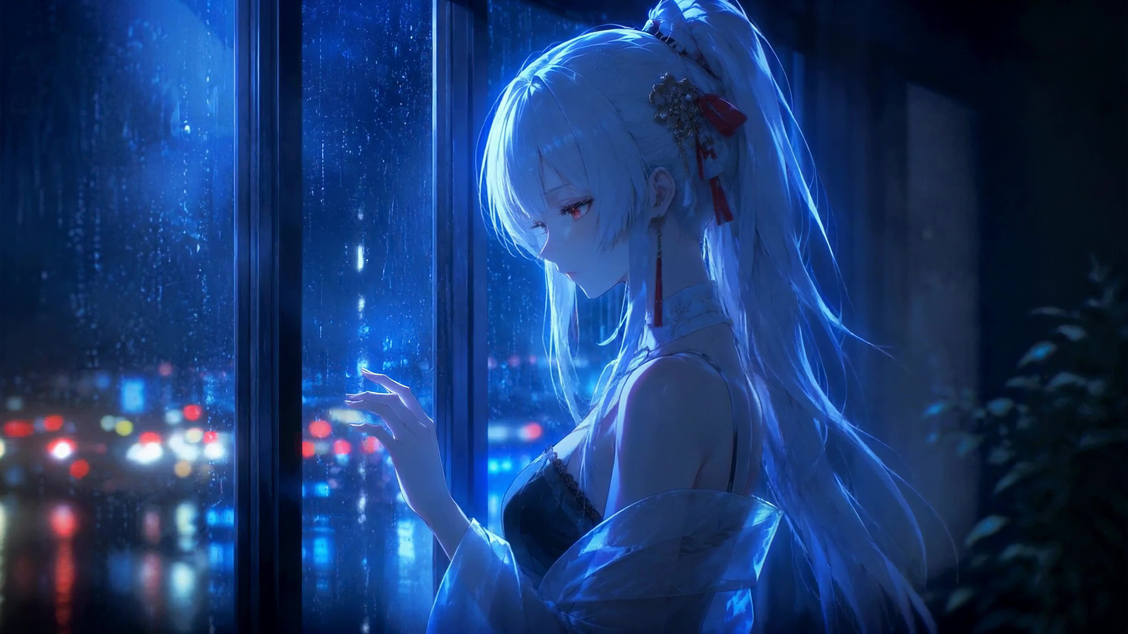雨夜窗边的白发少女