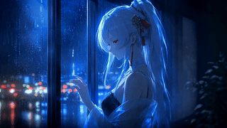 雨夜窗边的白发少女