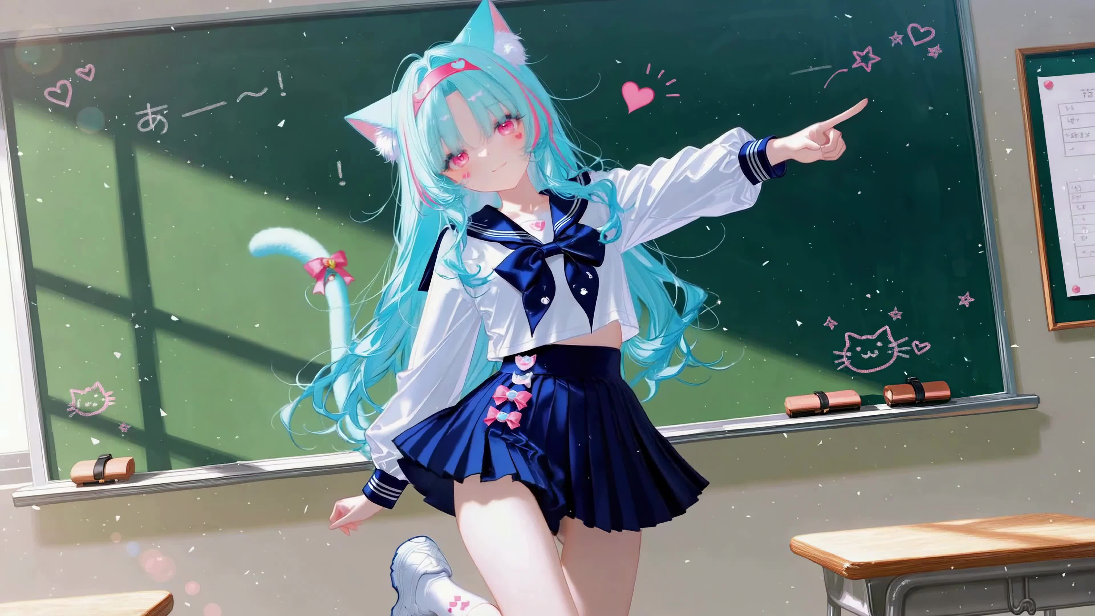 教室蓝发猫耳少女