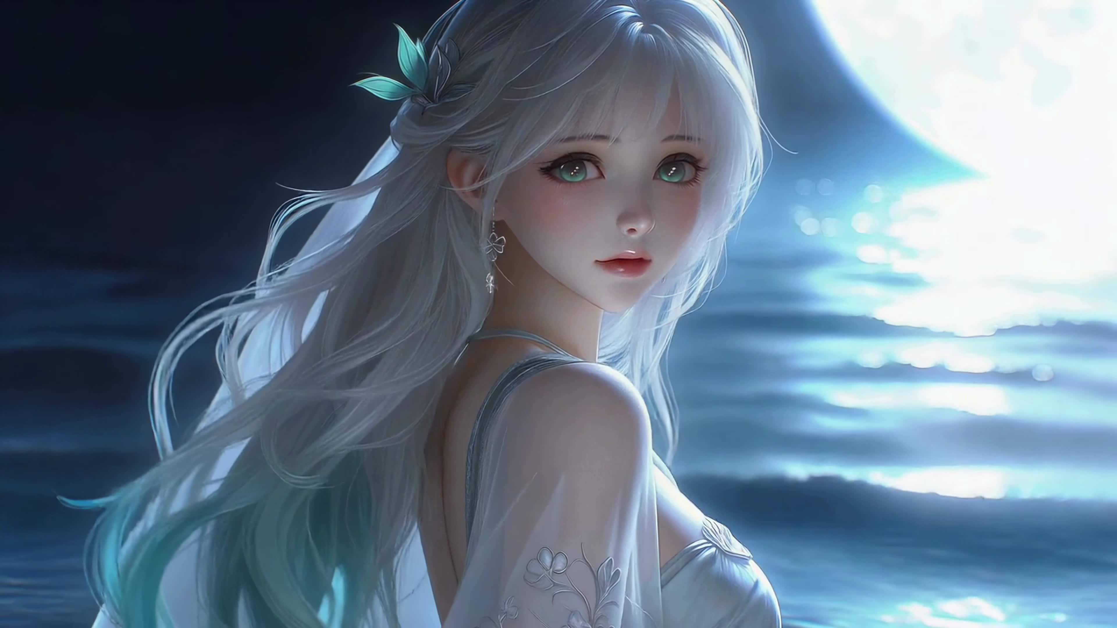 月夜海边银发少女