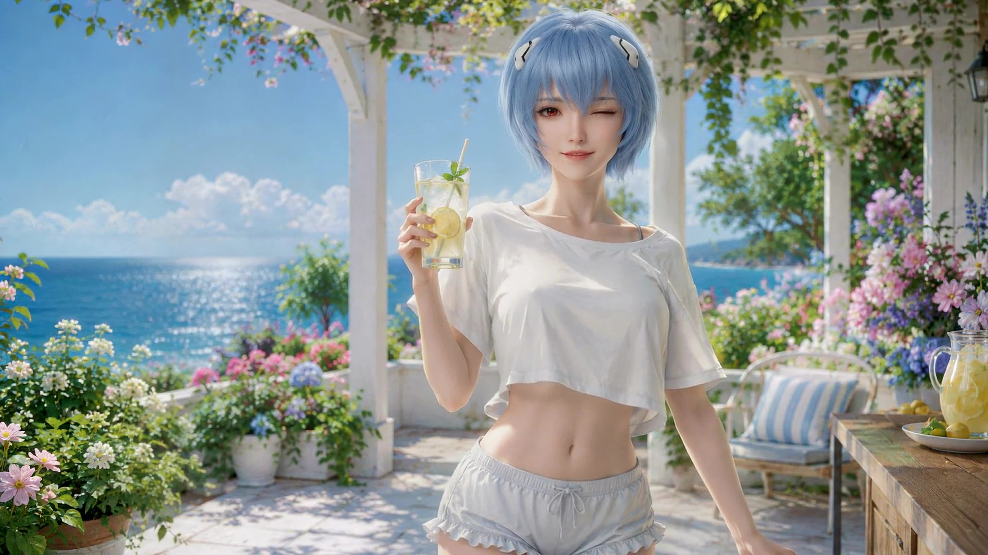 海边夏日蓝发少女