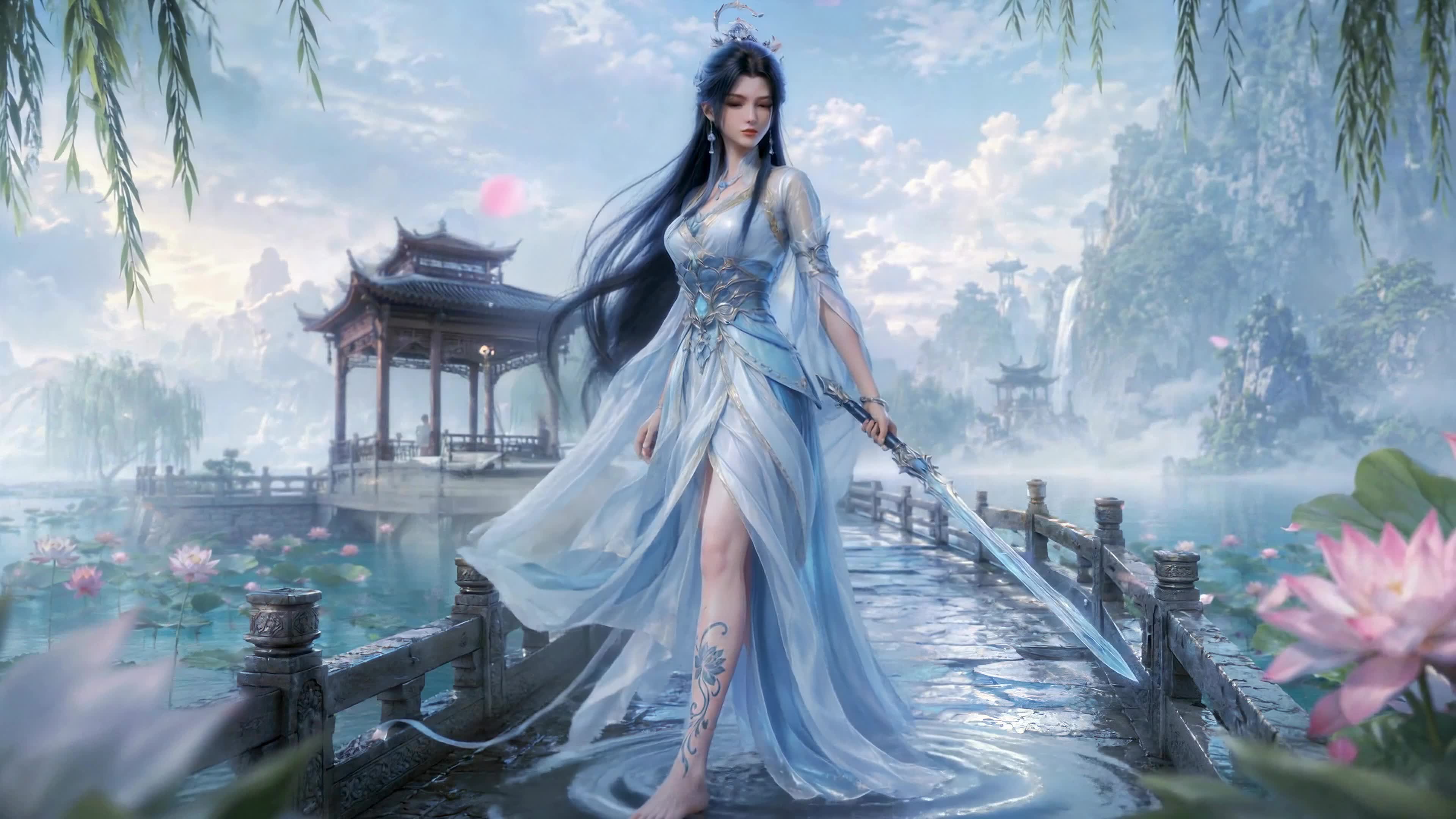 烟水湖畔持剑蓝衣女子