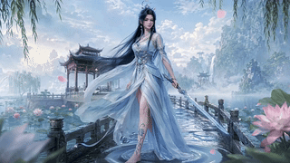 烟水湖畔持剑蓝衣女子