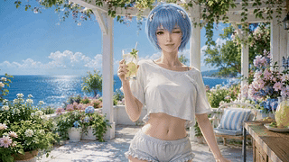 海边夏日蓝发少女