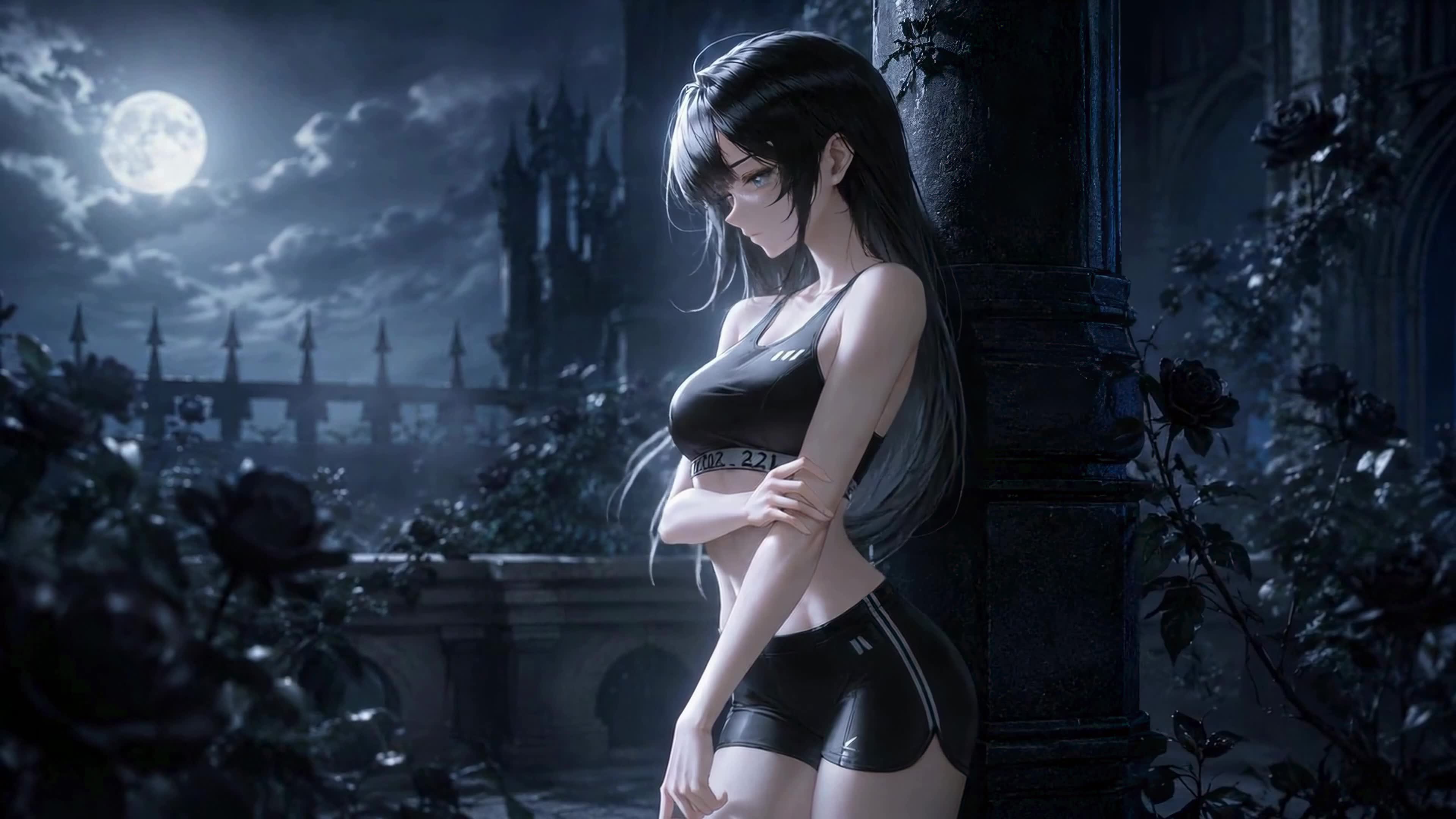 月夜古堡下的黑发少女