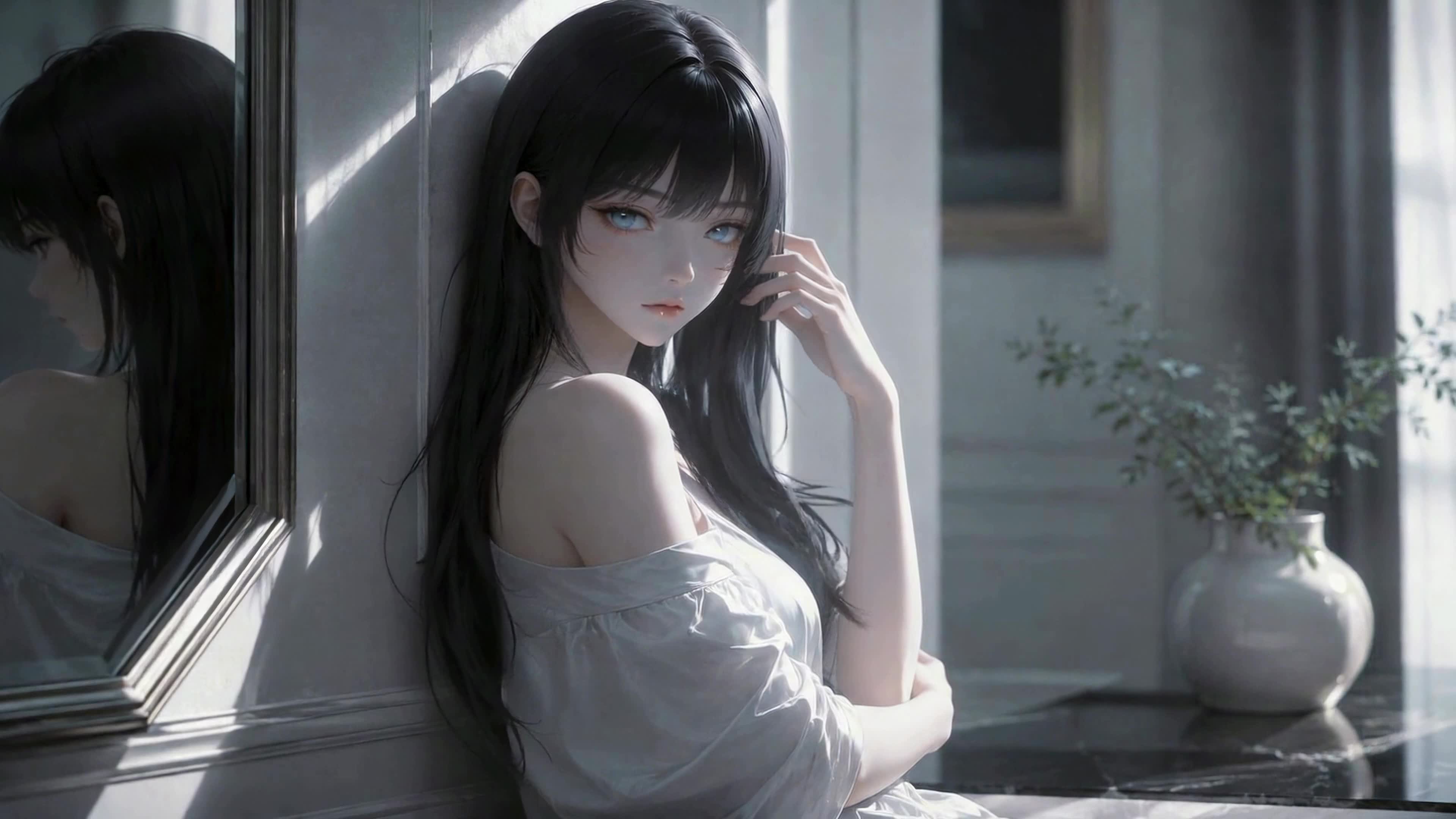 静谧窗边的黑发少女