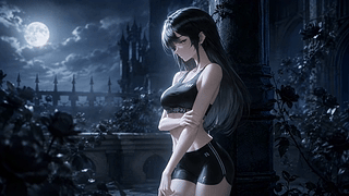 月夜古堡下的黑发少女