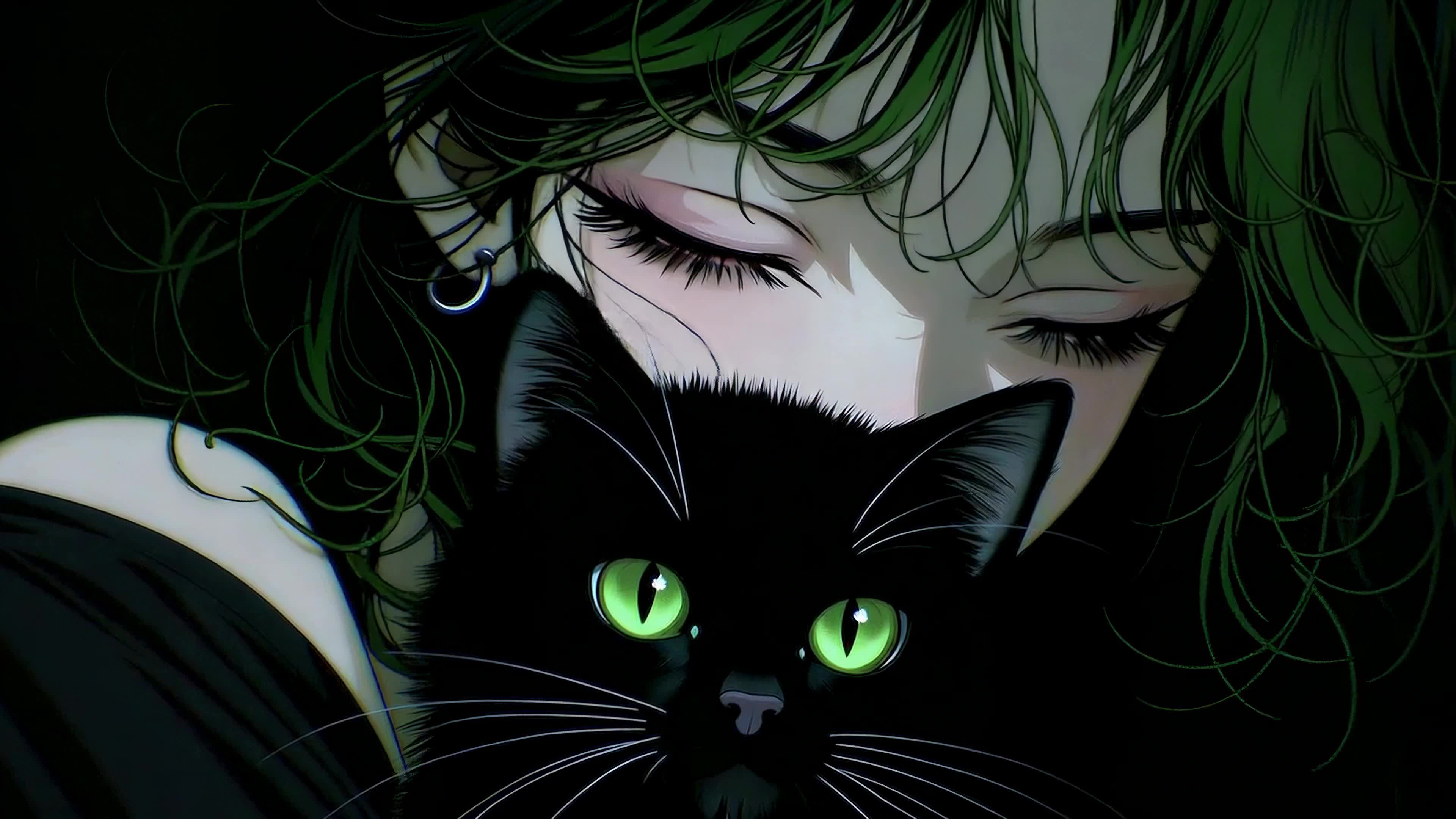 绿眸女孩与黑猫