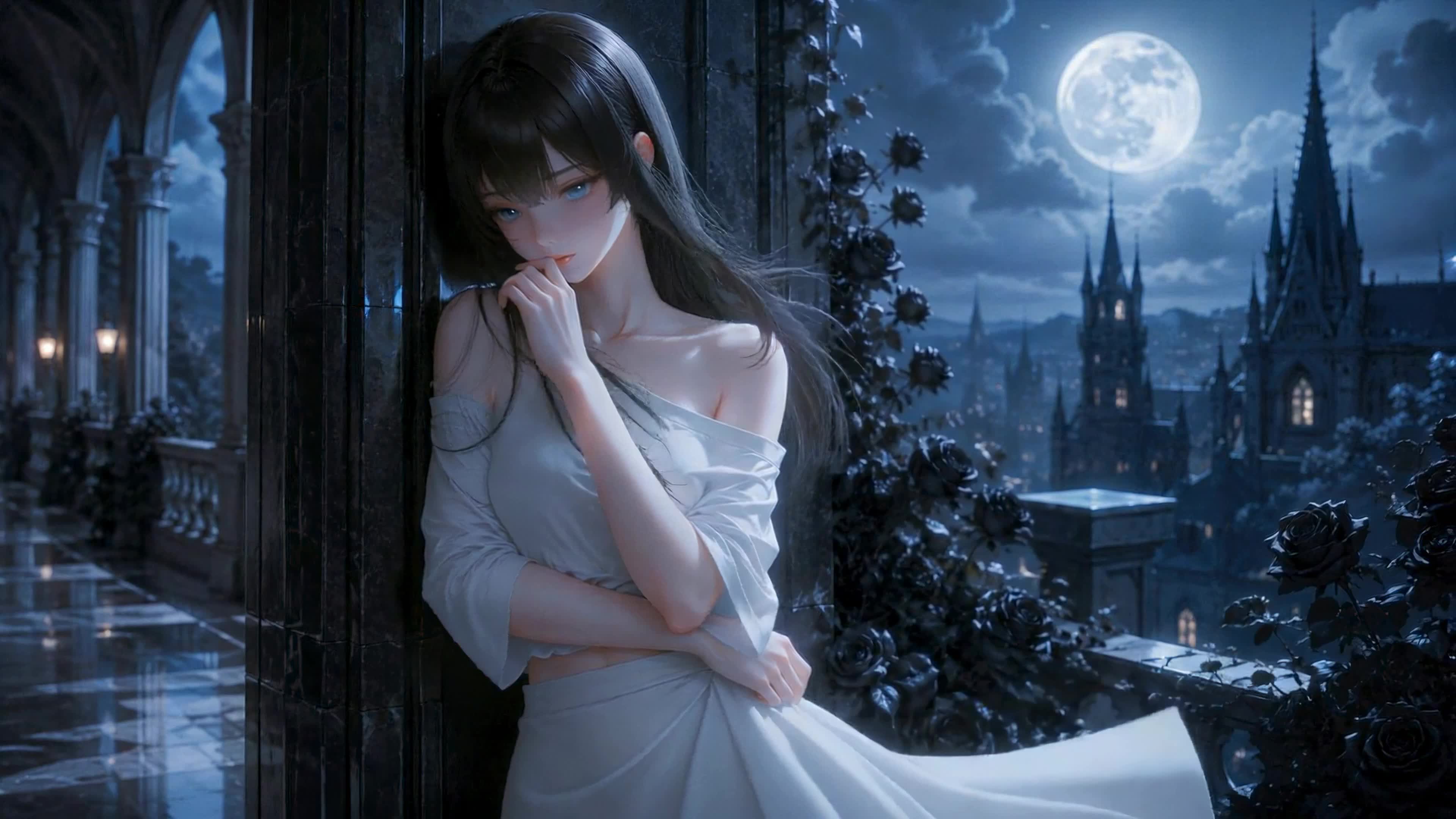 月夜回廊白衣少女
