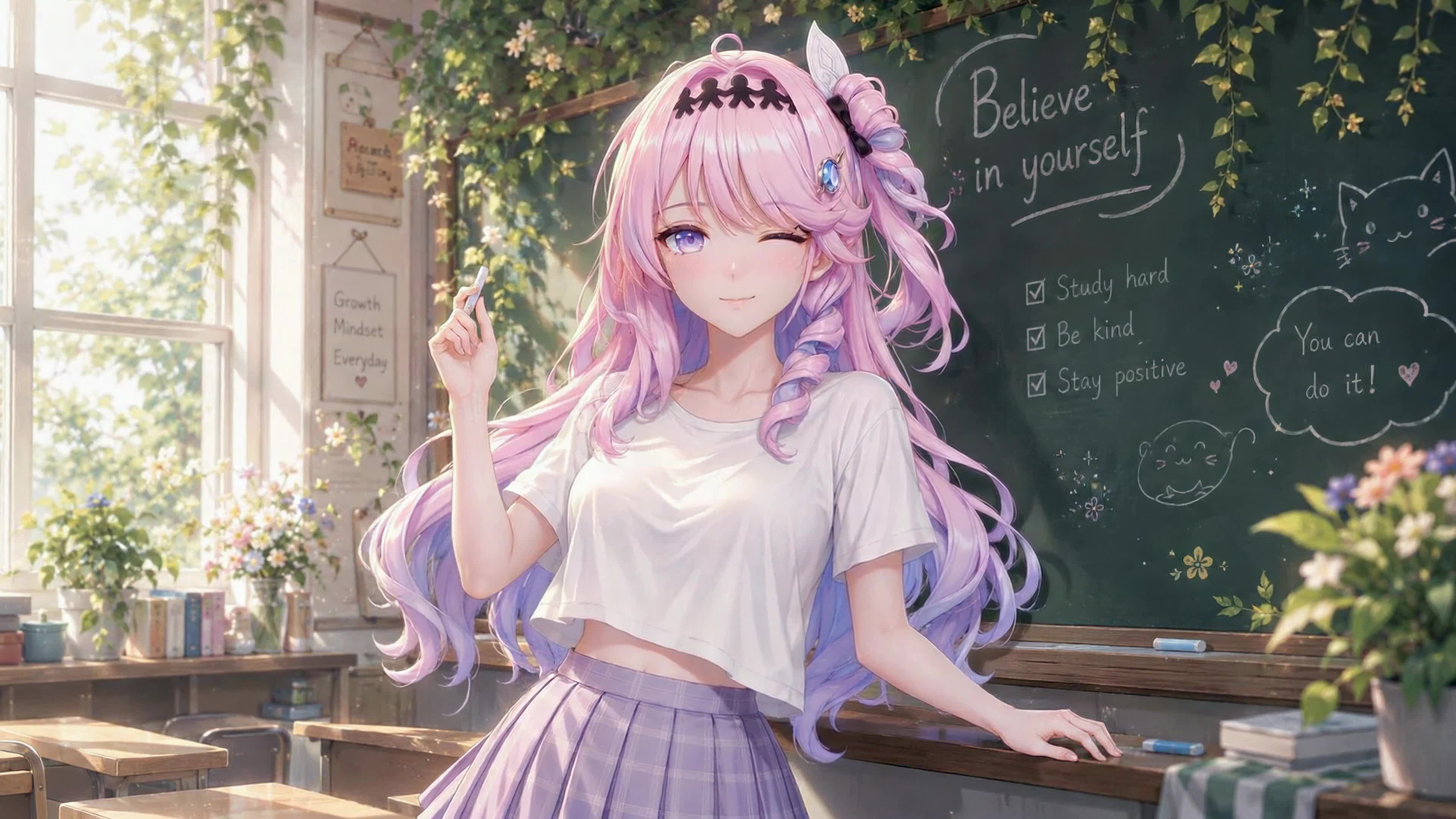 教室前的粉发少女