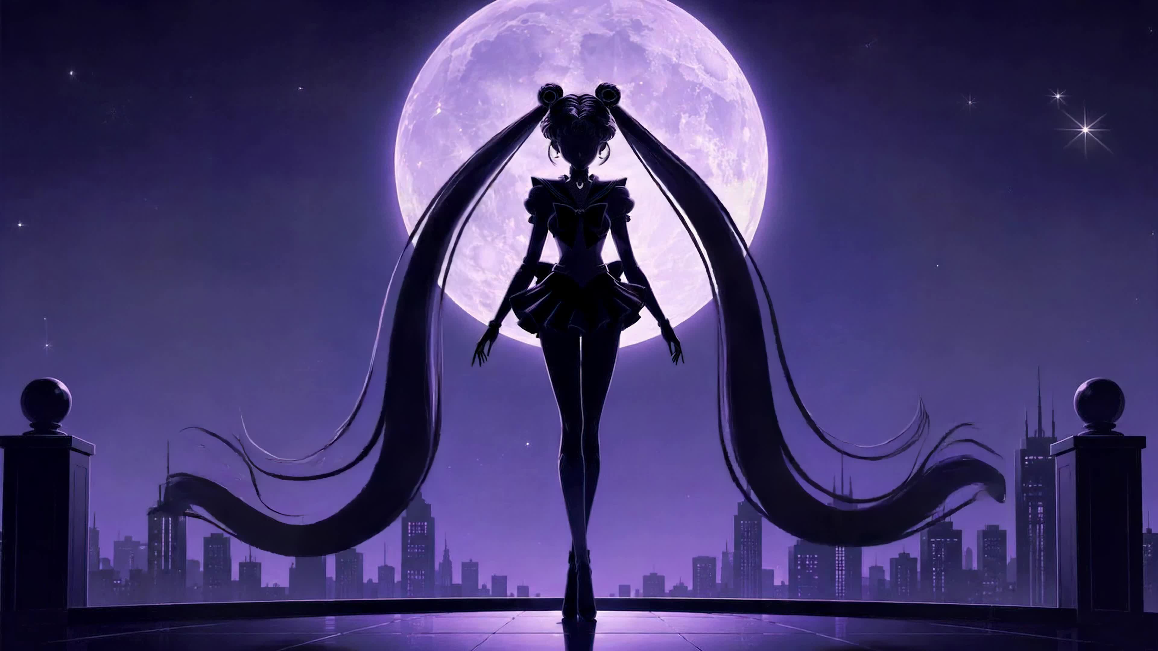 紫月夜下少女剪影