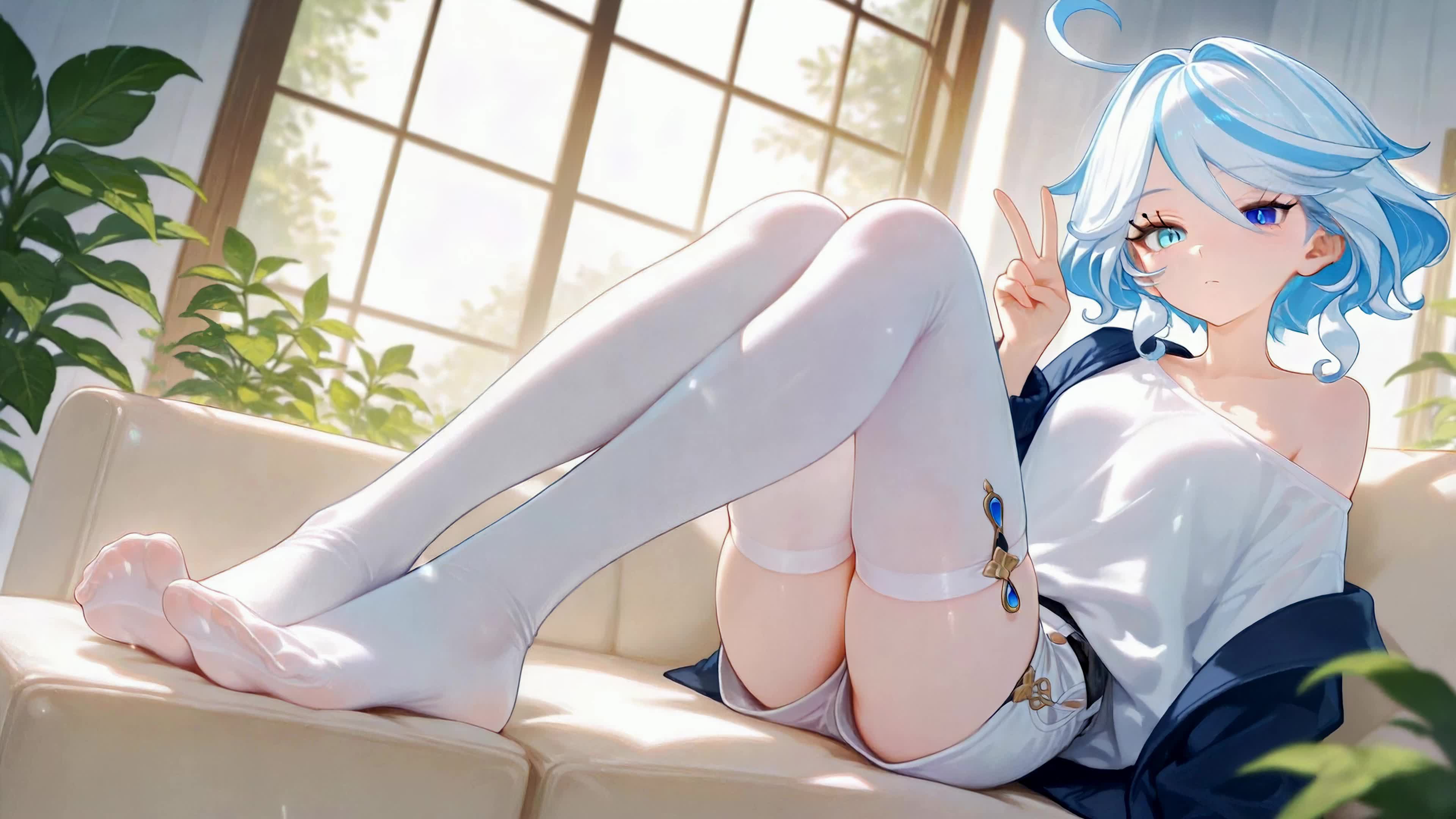窗边沙发的蓝发休闲少女