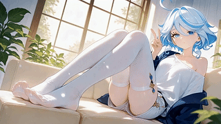 窗边沙发的蓝发休闲少女