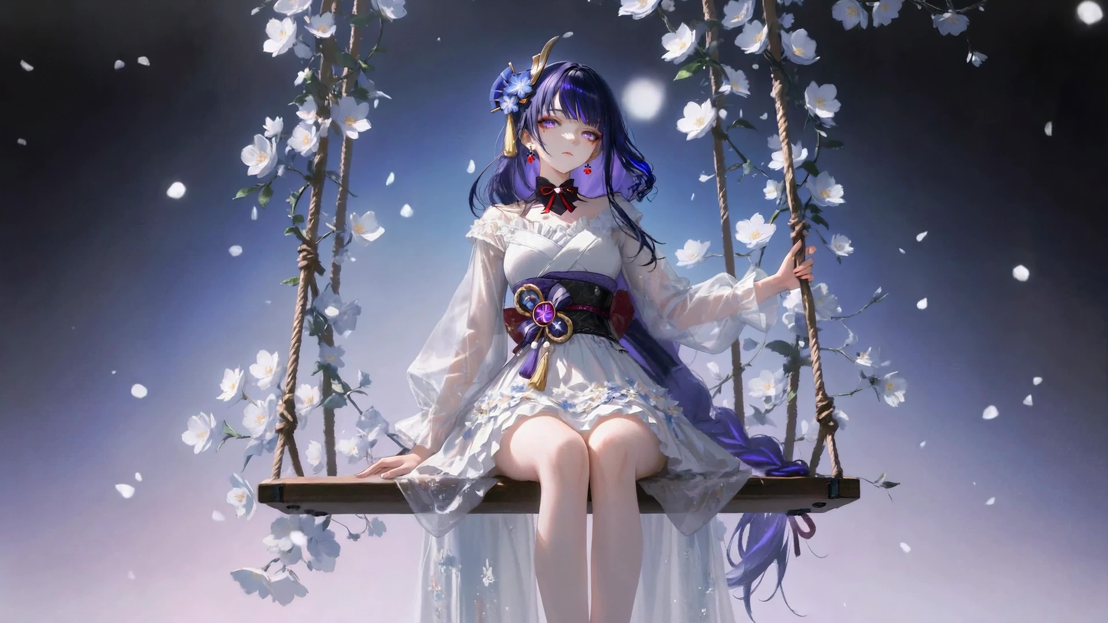紫发少女花下荡秋千