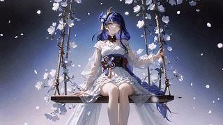 紫发少女花下荡秋千