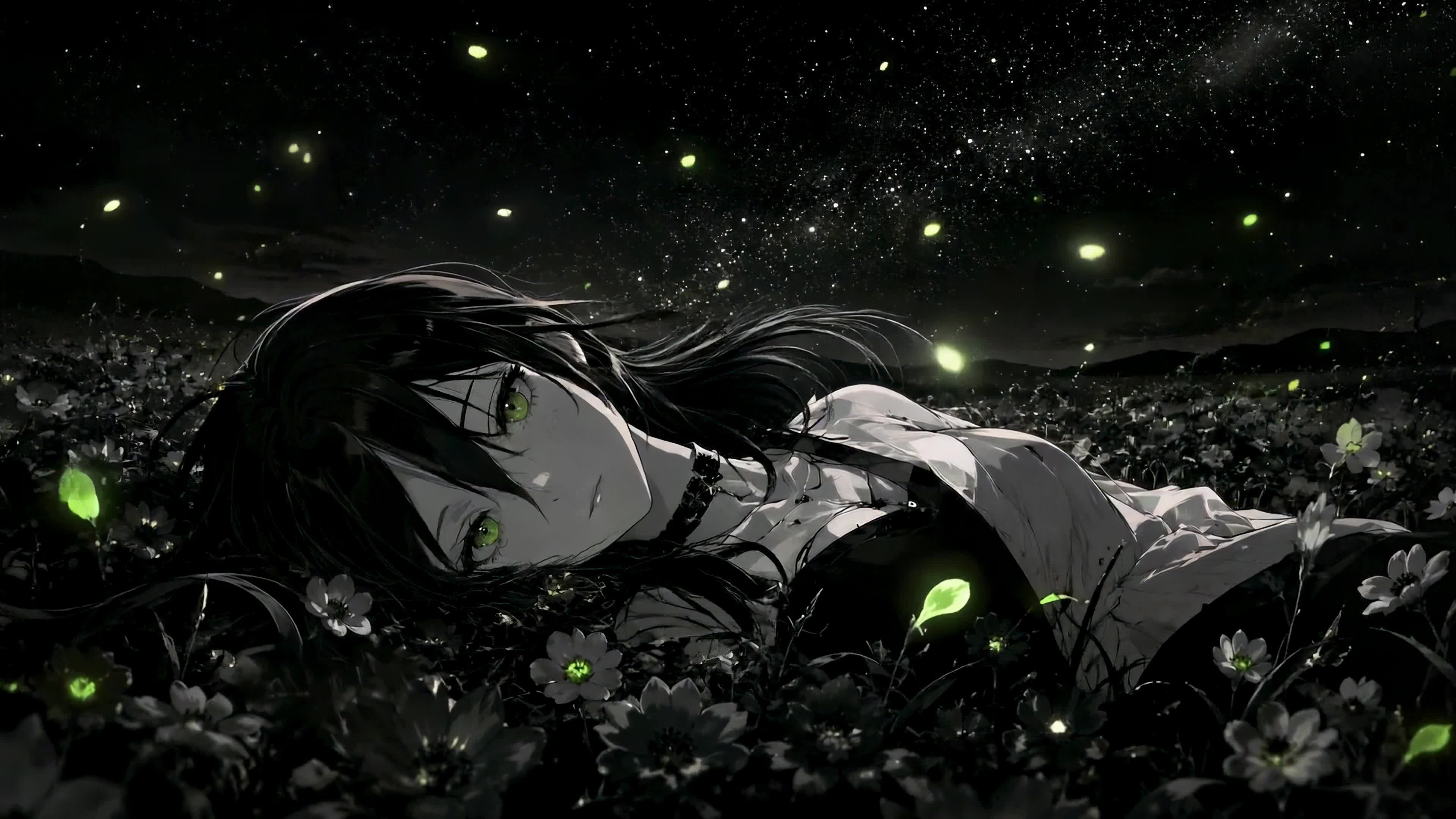 暗夜花野中的少女