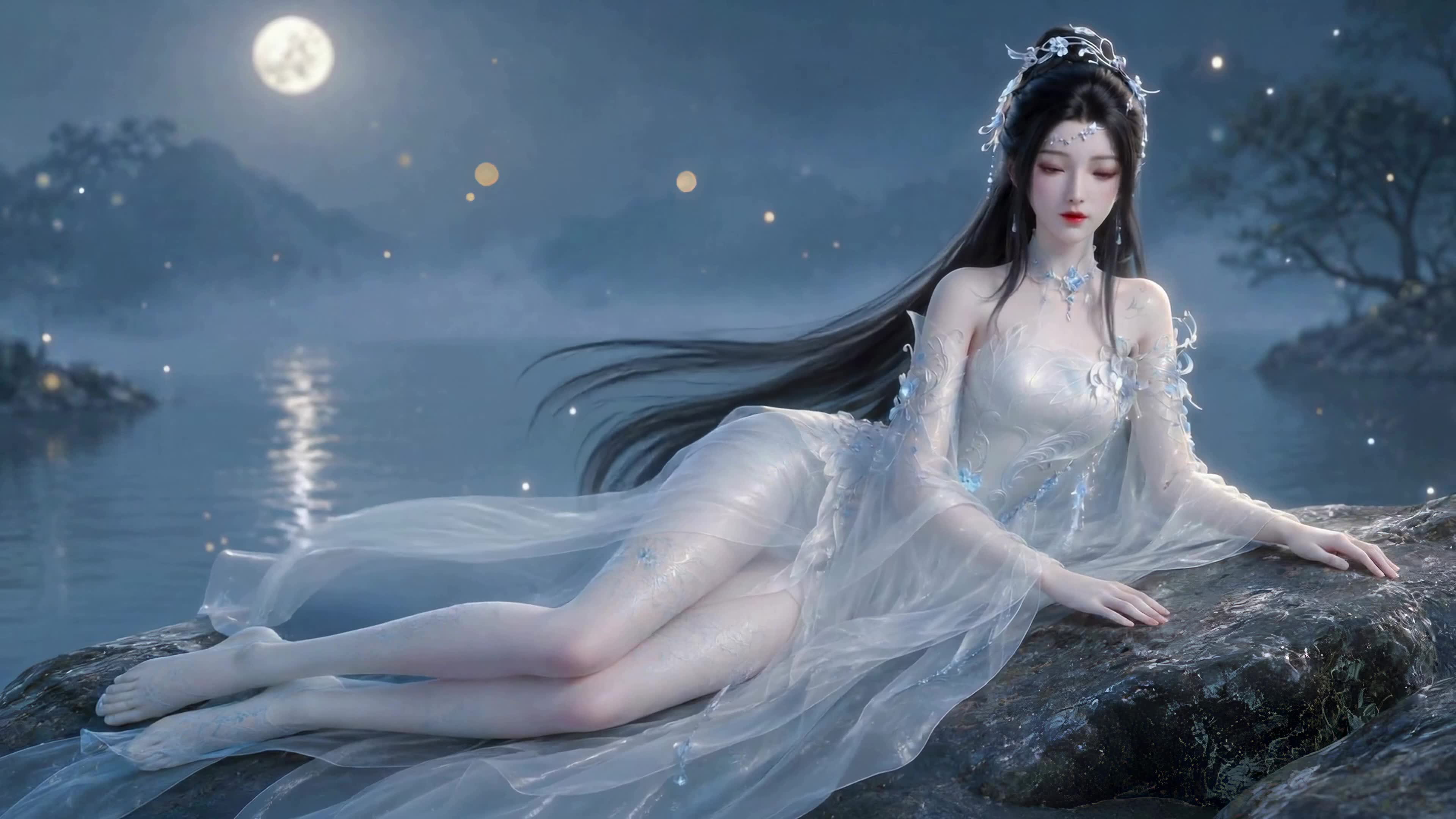 月夜湖畔轻纱美人