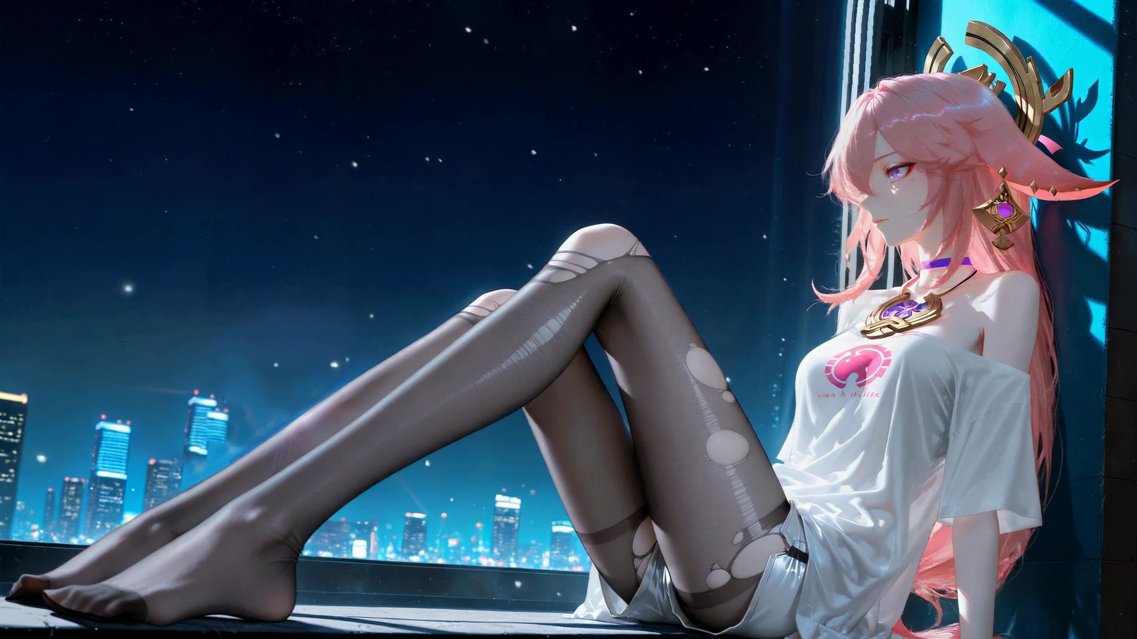 夜色窗边粉发少女