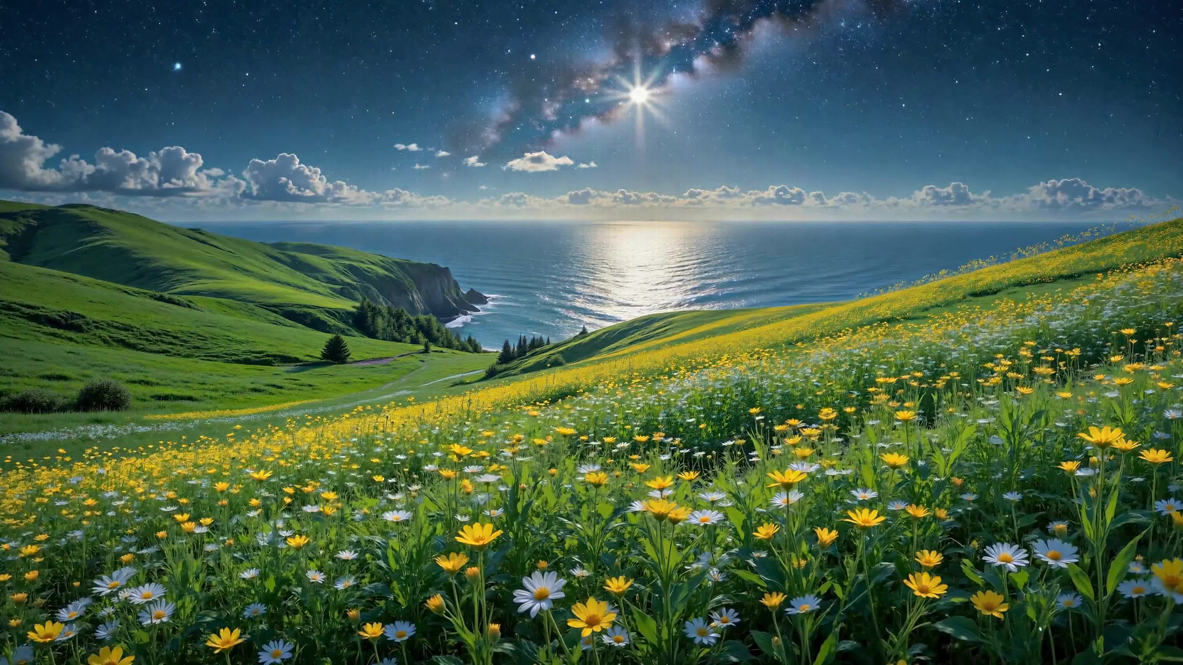 星夜海滨花野