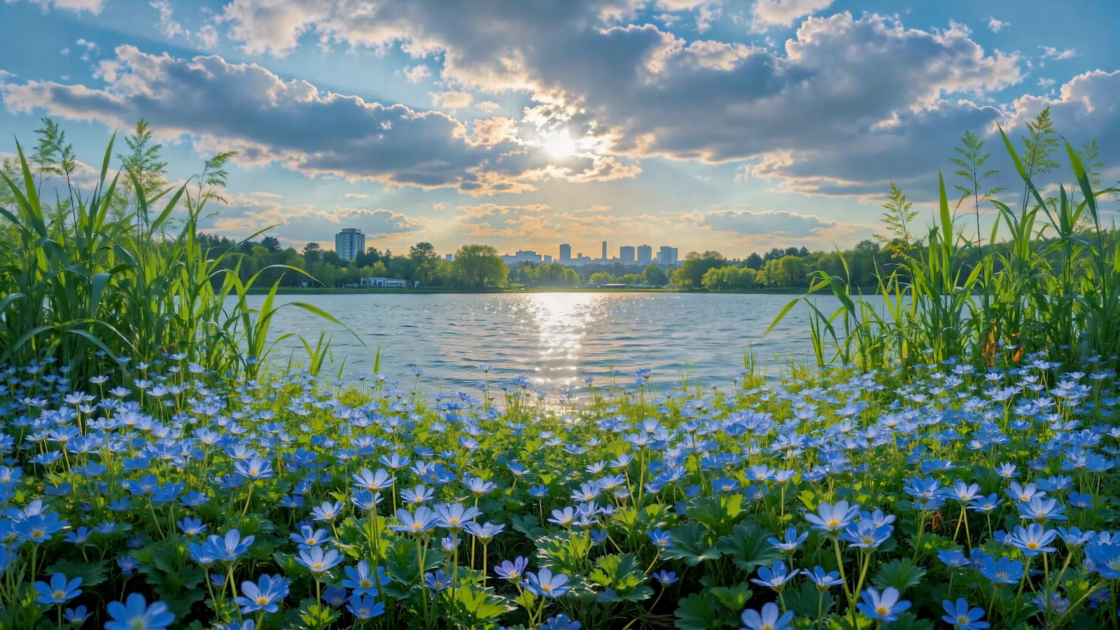 晴日湖畔蓝花漫
