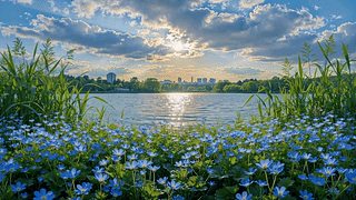 晴日湖畔蓝花漫