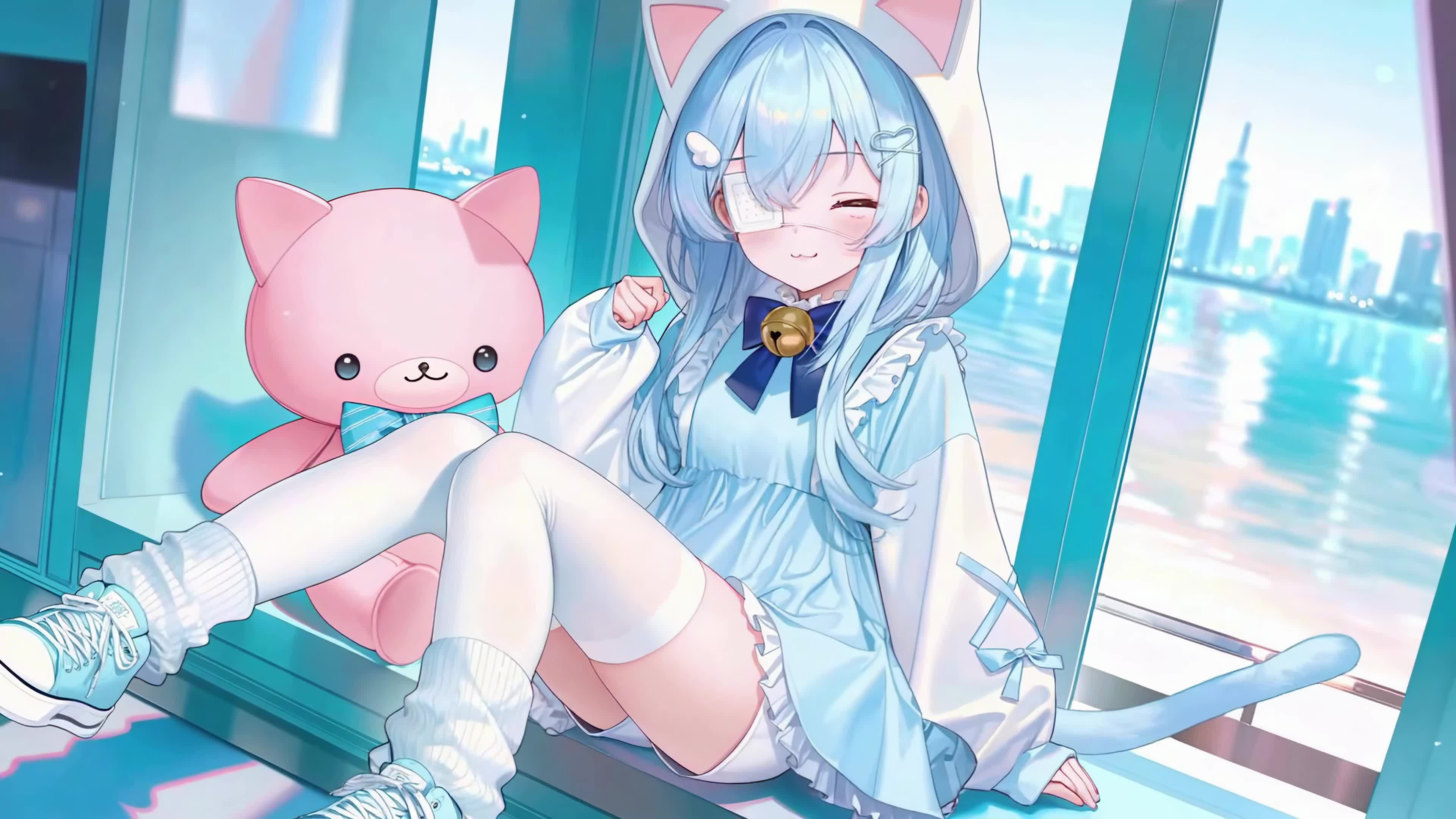 窗边蓝发猫系少女