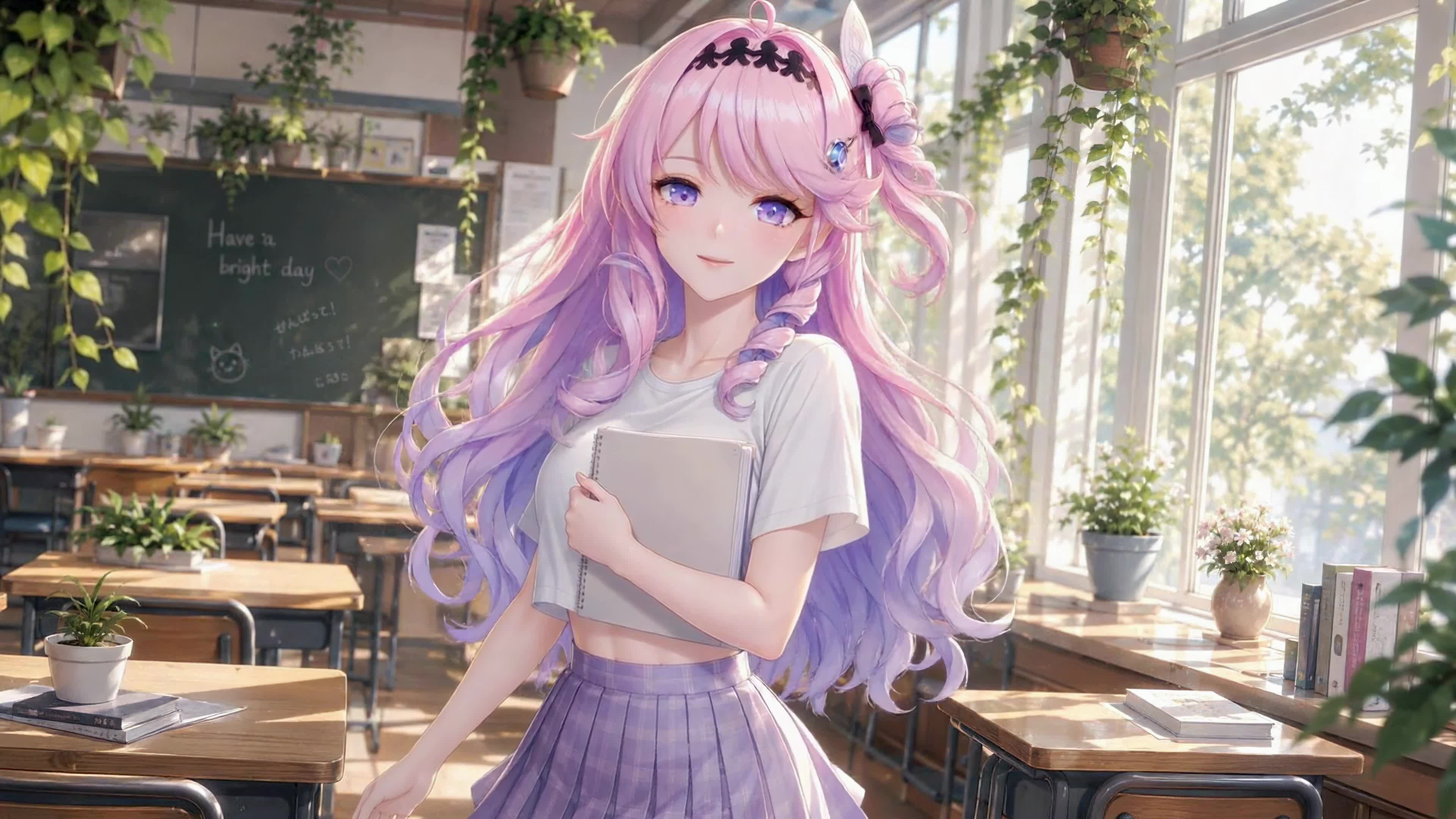 教室午后的粉发少女