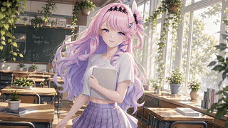 教室午后的粉发少女