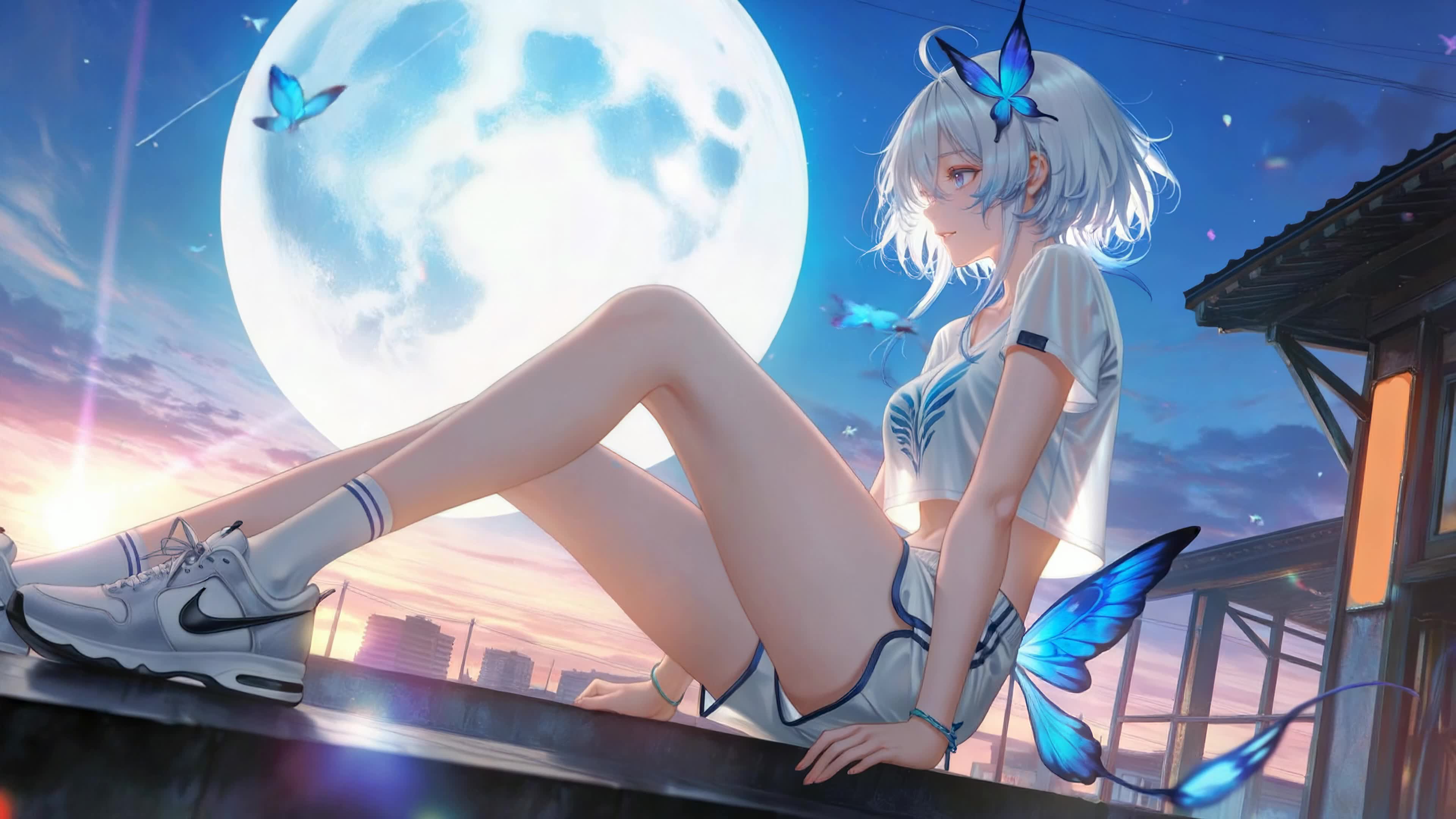 月下蓝蝶银发少女