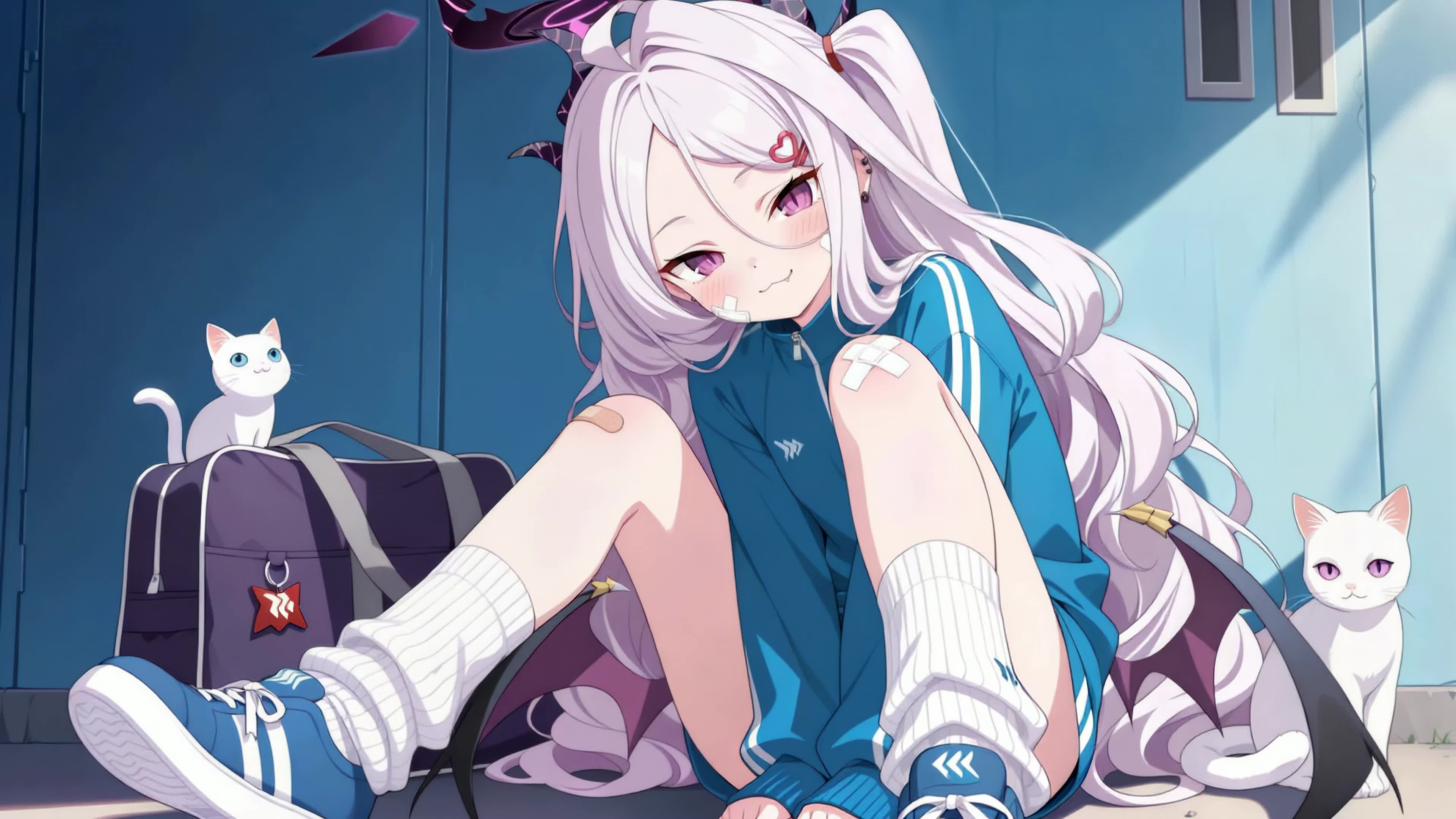 运动风银发少女与猫咪