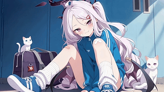 运动风银发少女与猫咪
