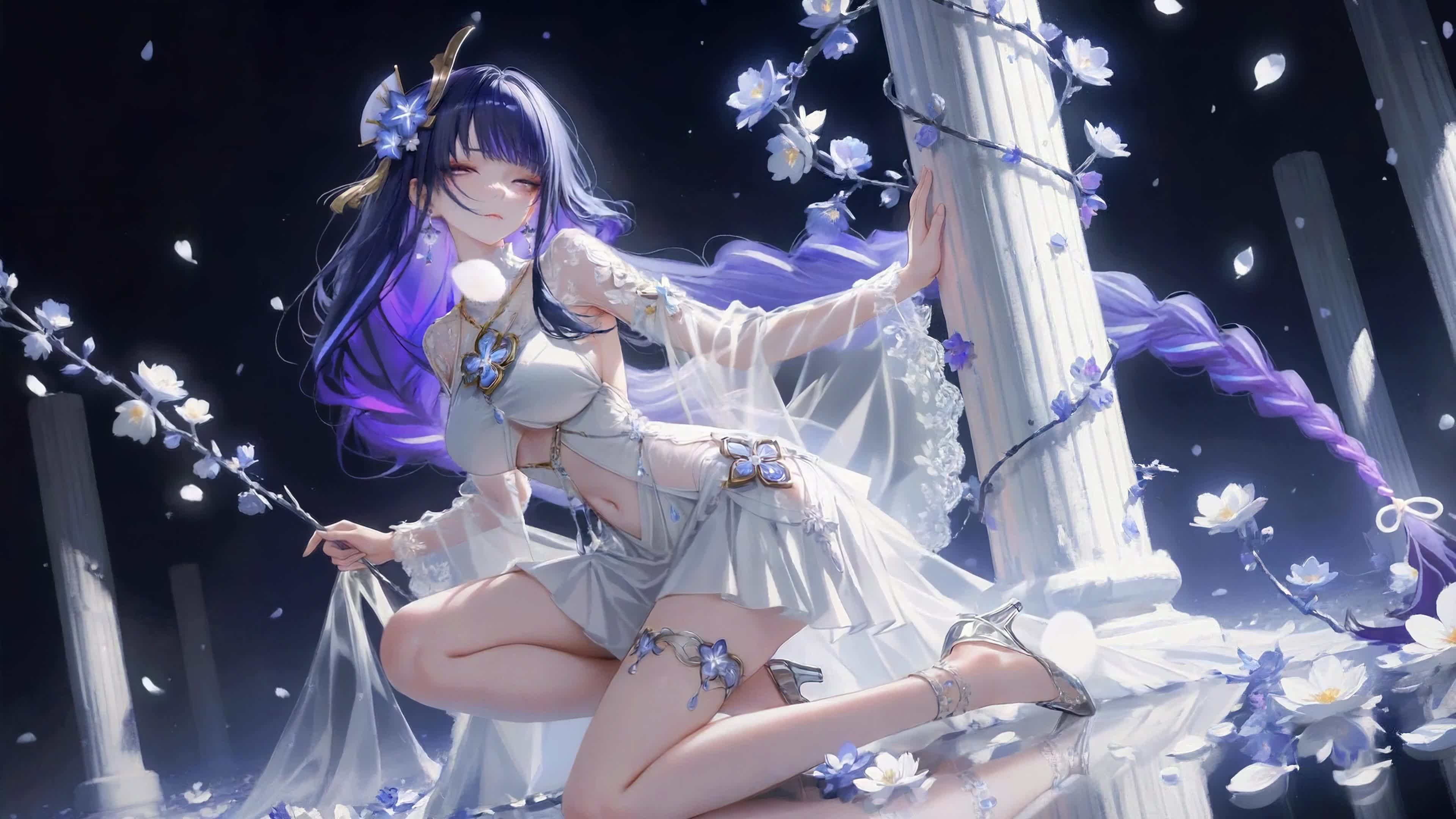 紫发白裙花间少女