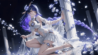 紫发白裙花间少女