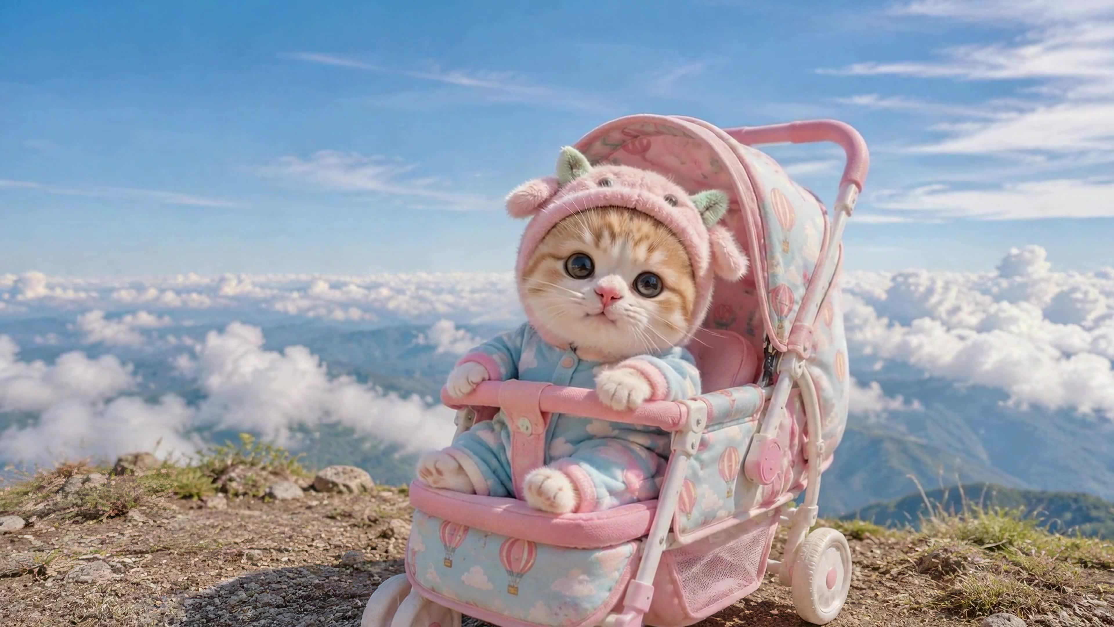 山顶观云海的可爱小猫