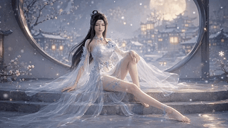 雪夜圆窗下的轻纱美人
