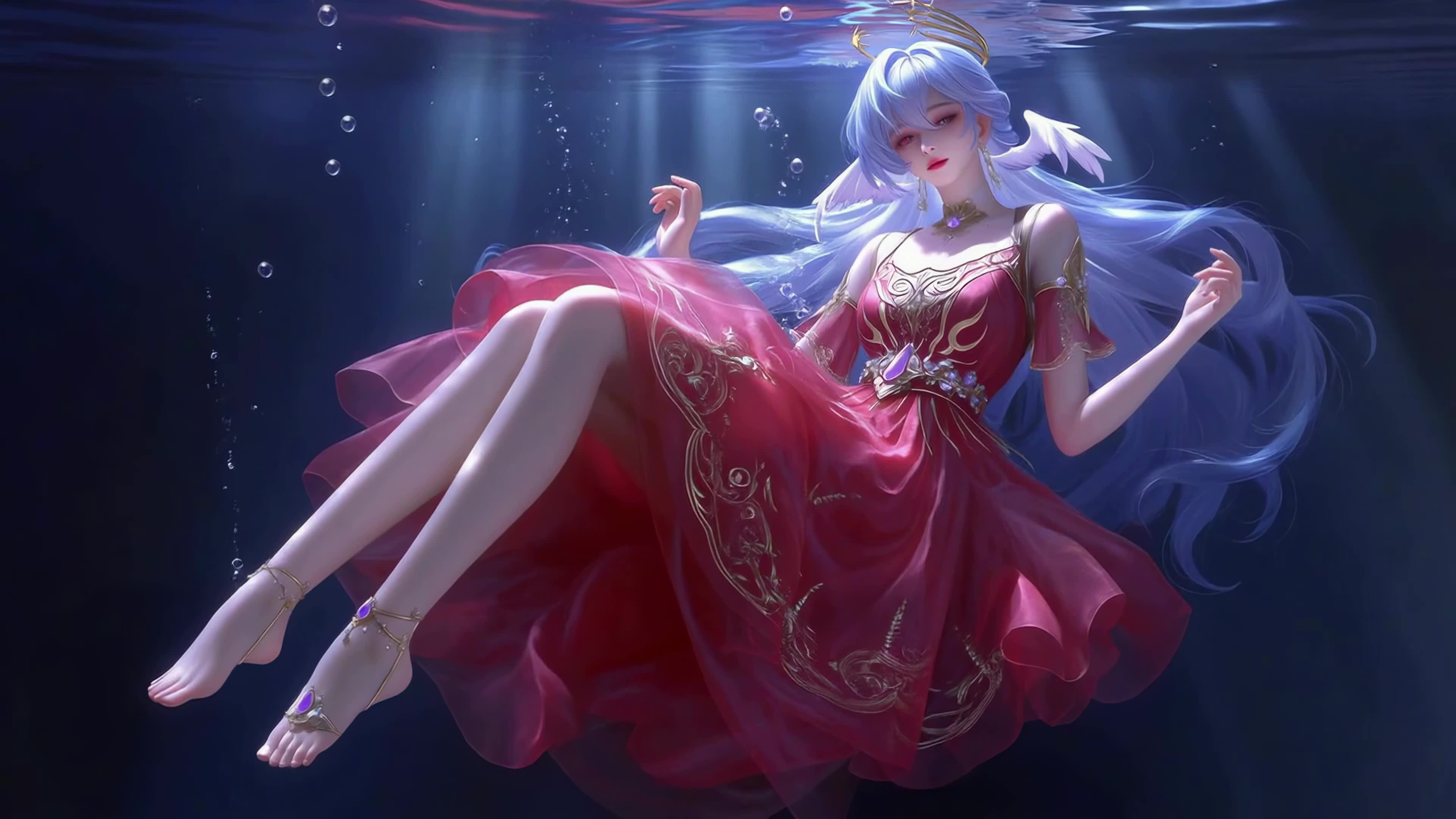 水下蓝发红裙少女