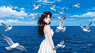 80年代动漫女孩在海洋中