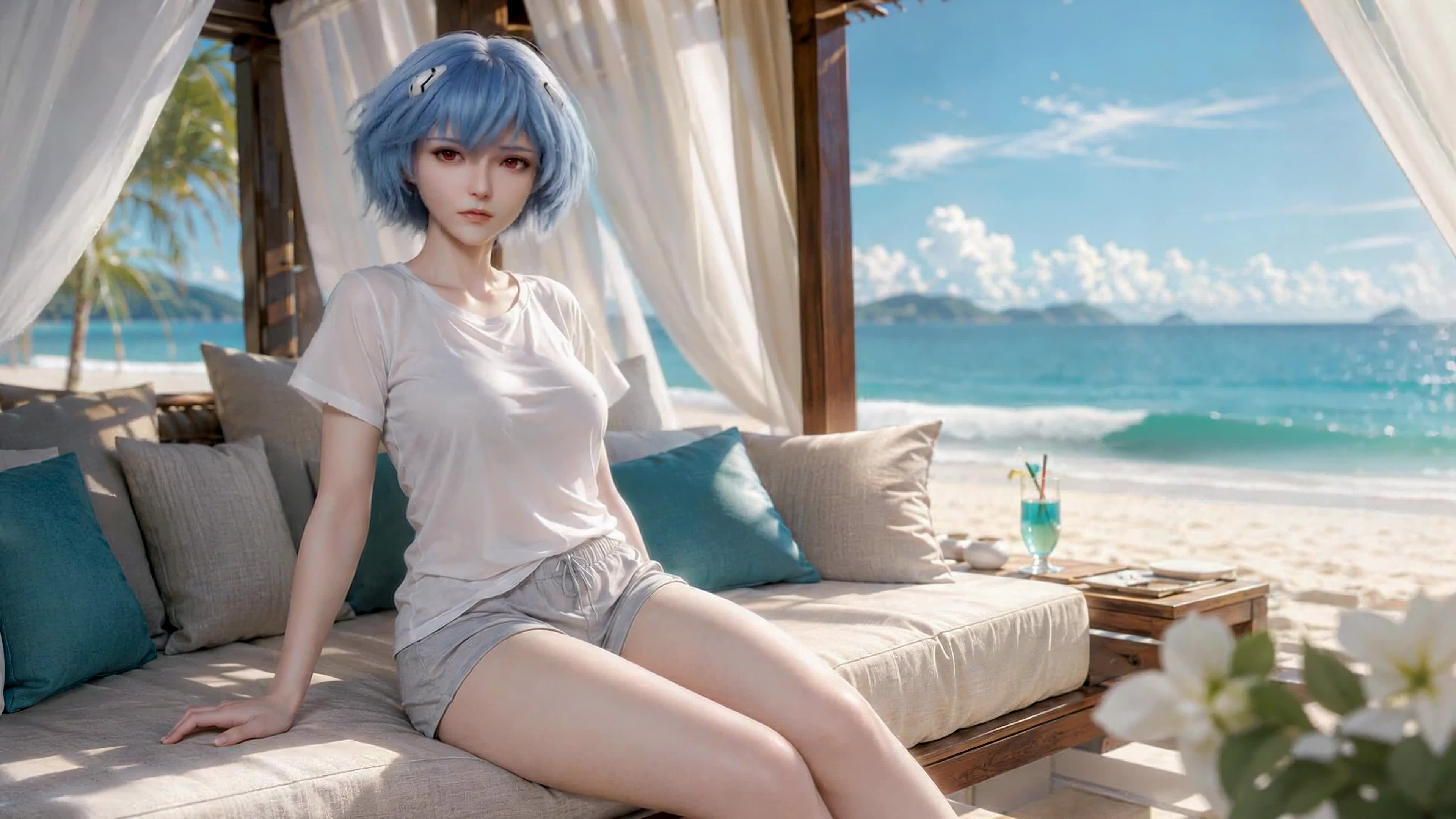海滩休闲蓝发少女