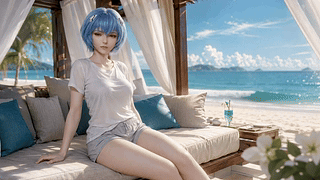 海滩休闲蓝发少女