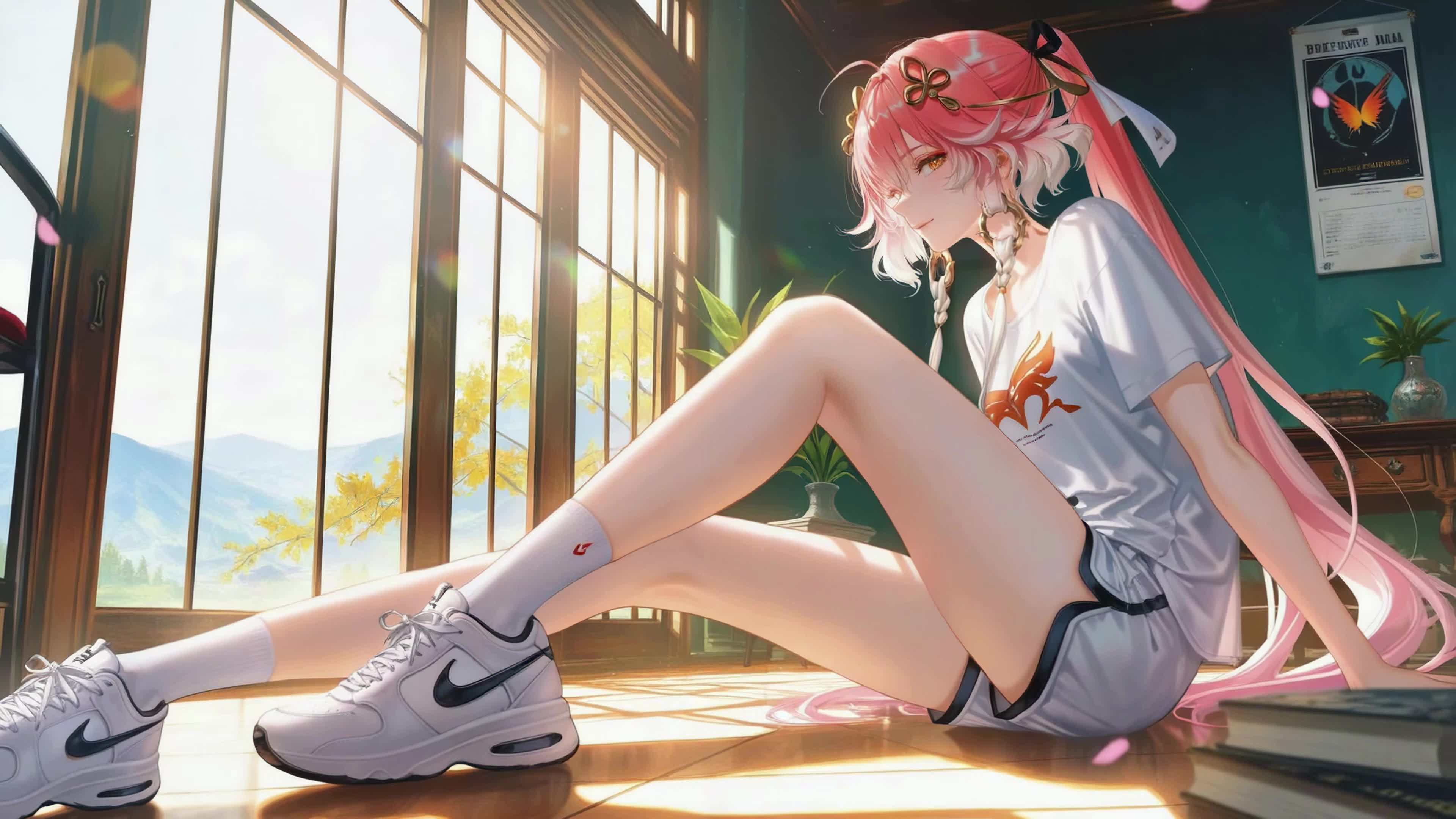 窗边休闲粉发少女