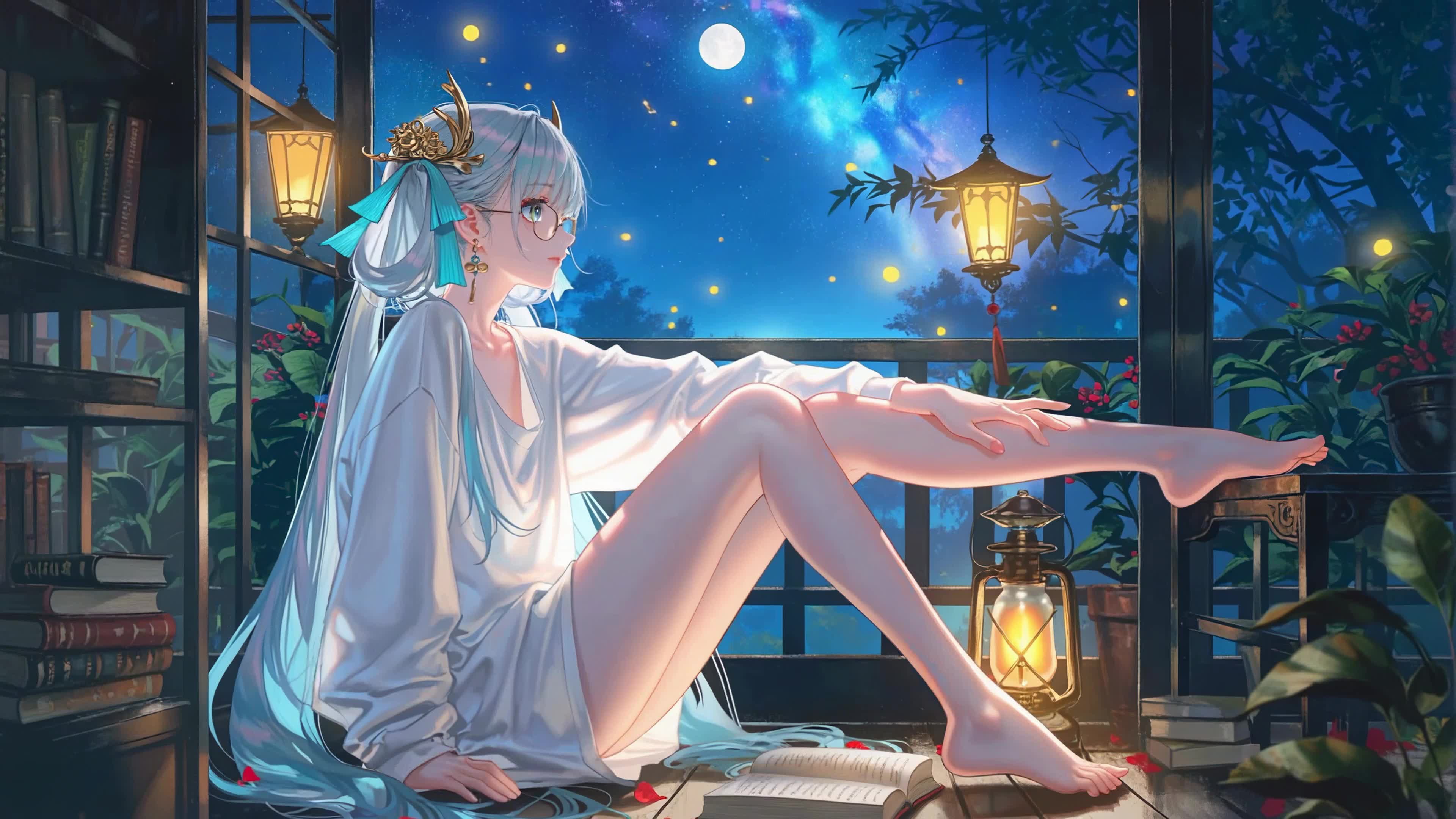 月夜窗边的银发少女