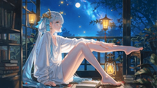 月夜窗边的银发少女